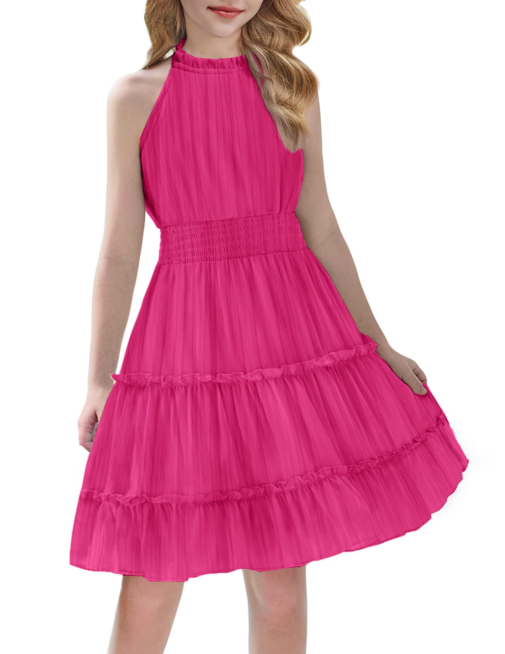 Arshiner Girls Halter Neck Sleeveless Dress Casual Flowy Smocked Cute Summer Dress for 5-12 Years