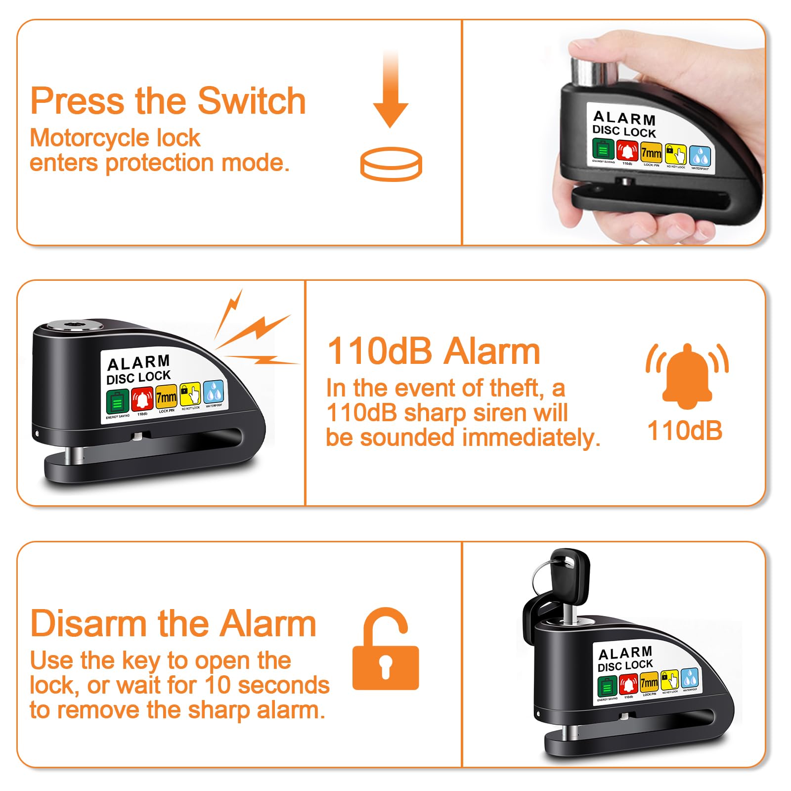 Navaris Bloccadisco Moto Con Allarme 110db - Antifurto Sonoro Per Ruota, Cavo Di Sicurezza