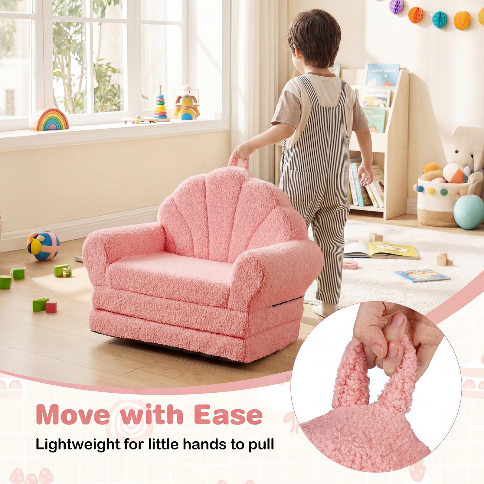 GOPLUS Canapé-Lit Enfant Pliable, Fauteuil Enfant Convertible en Forme de Coquillage, avec Accoudoirs, Poignée, Fauteuil Bebe Doux en Polaire Teddy pour Chambre Salle de Jeux (Rose)