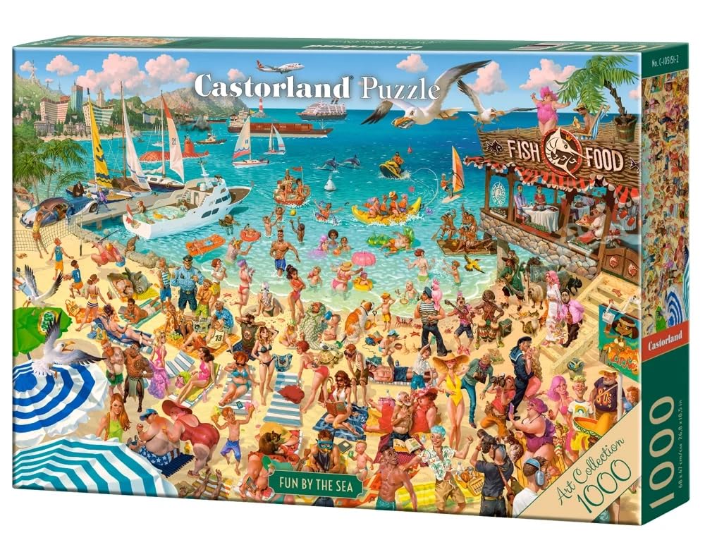 1000 Piece Jigsaw Puzzles, Fun by the Sea, Art Collection, Tropical Beach Resort Chaos, Humorous Summer Vacation Scene, Adult Puzzle, C-105151-2