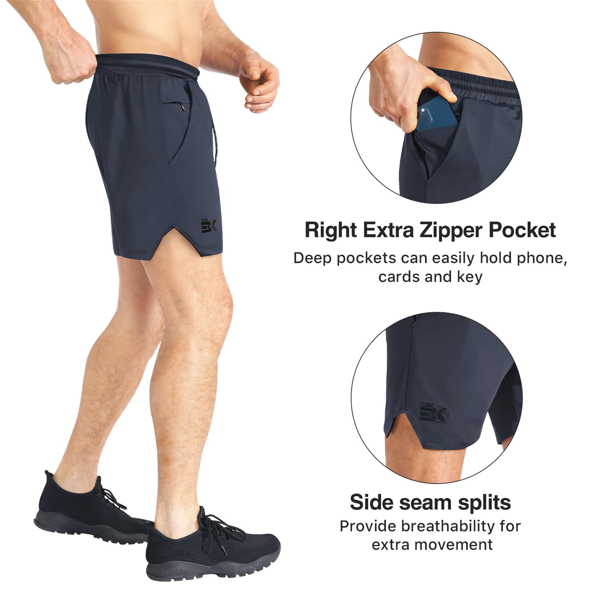 BROKIG Pantalones cortos de gimnasio ligeros para hombre, de secado rápido, para entrenamiento, fitness, correr, con bolsillo con cremallera