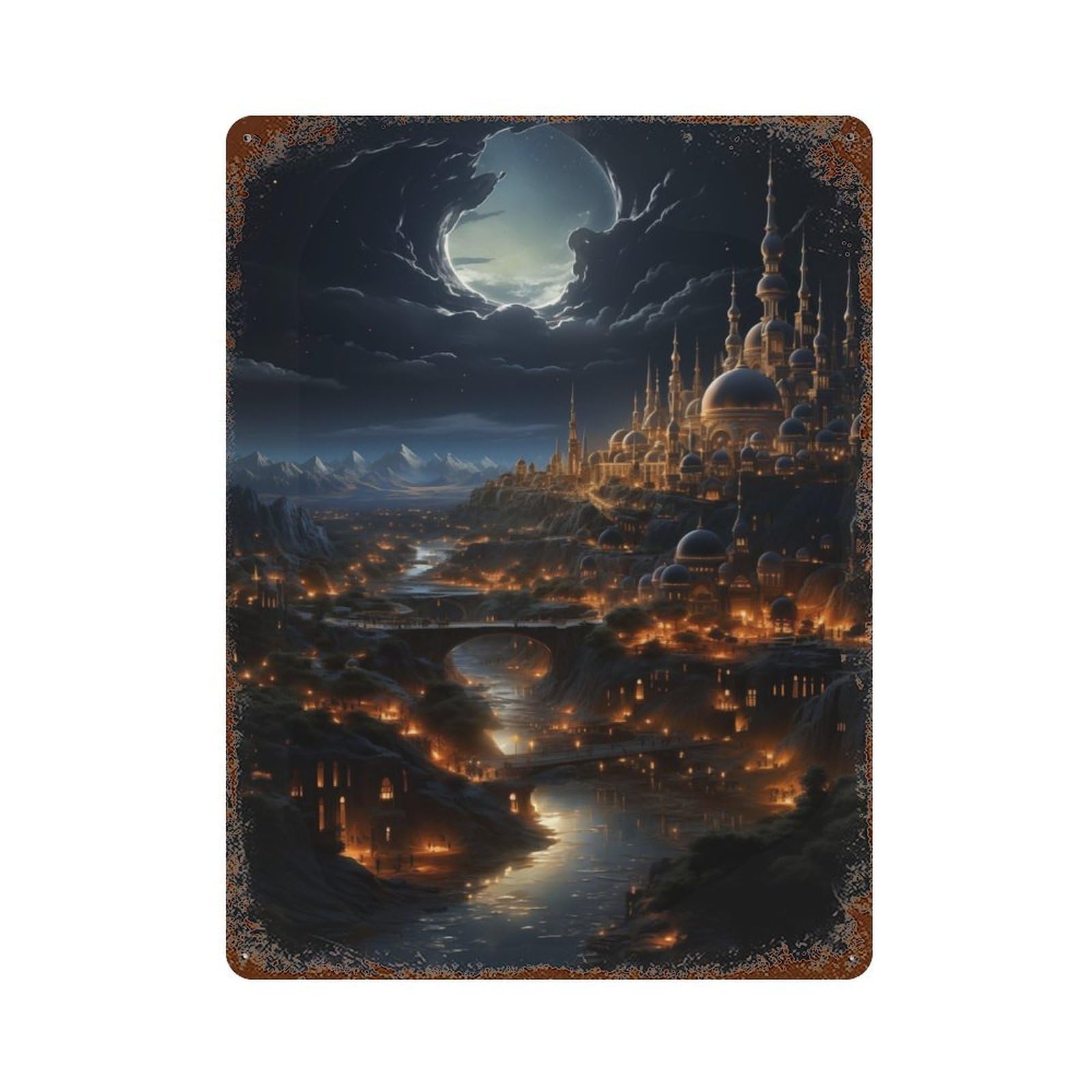 Epic Palace at Night Rusty Metal Tin Sign 15.7"x11.8", Industrial Home Decor for Garage, Pub Or Kitchen