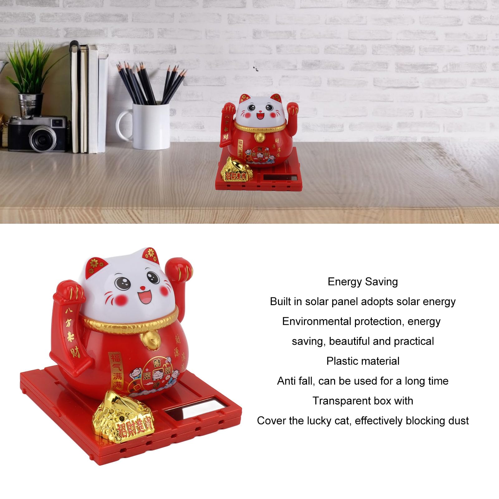 OUKENS Solar Powered Lucky Cat, Bright Colors Energy Saving Solar Waving Cat Lucky Wealth Welcoming Cat for Home Desktop Ornament for Office and Car décor (Trumpet-red)