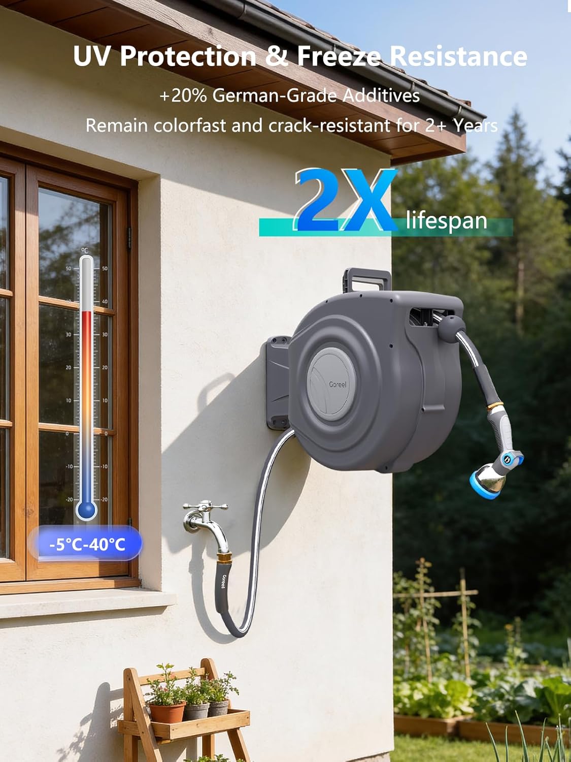Retractable Garden Hose Reel 1/2 in x 65 ft Heavy Duty Automatic Water Hose Reel with 10-Function Sprayer Nozzle Kink-Free Auto Rewind Any-Length Lock 180° Swivel UV Resistant - Dark Gray