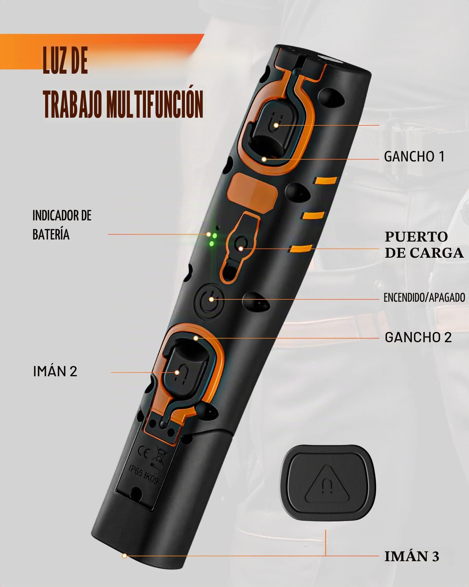 ENUOTEK Lámpara Linterna de Trabajo de Mano Taller | IP65, COB LED 7W, Recargable Portátil, Batería de Litio 2600mAh, Imanes Potentes y Dos Ganchos