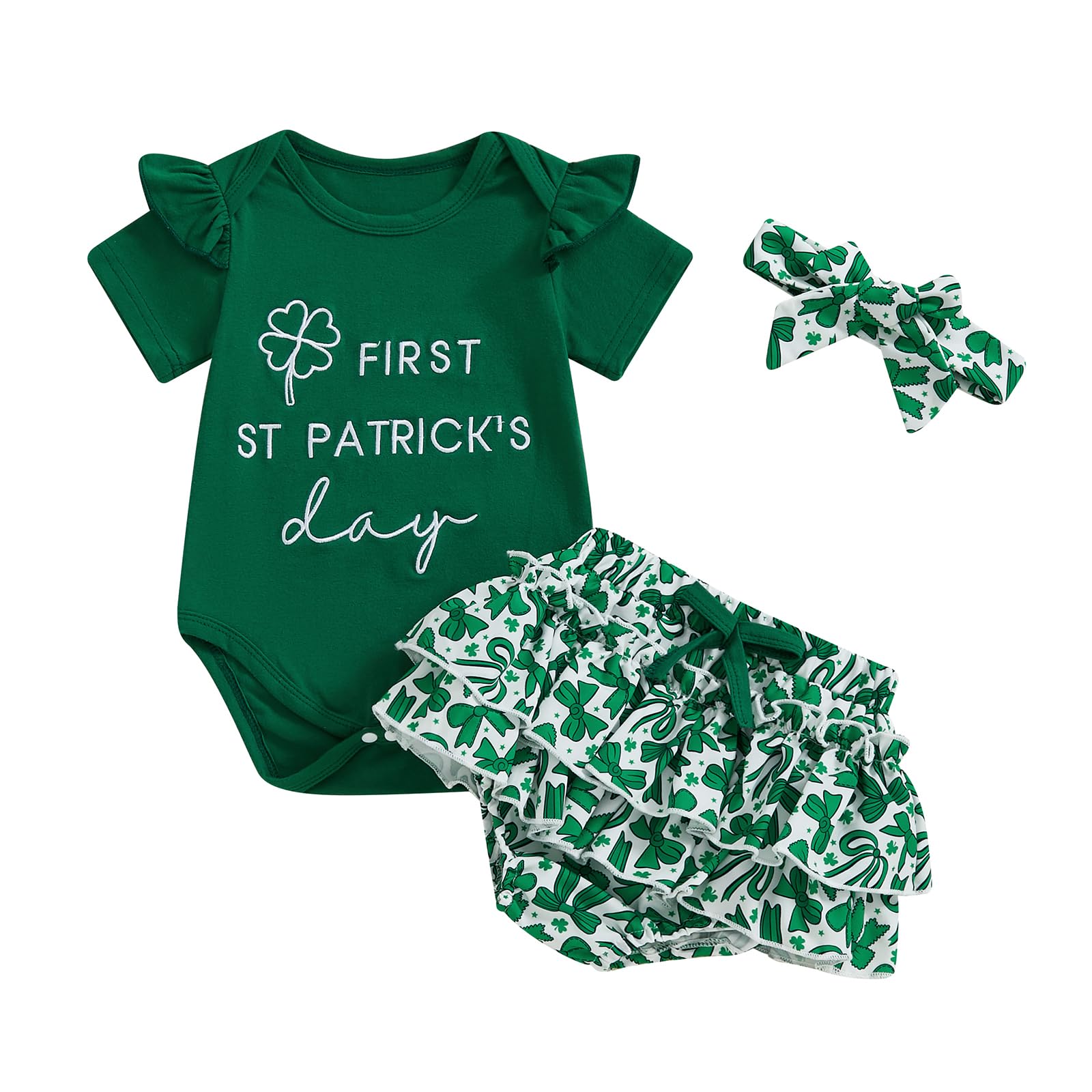 KtwHarnu My 1st St Patricks Day Baby Girl Outfit Newborn Letter Short Sleeve Romper Clover Shorts Headband Set Summer Outfit (A-Green, 6-12 Months)
