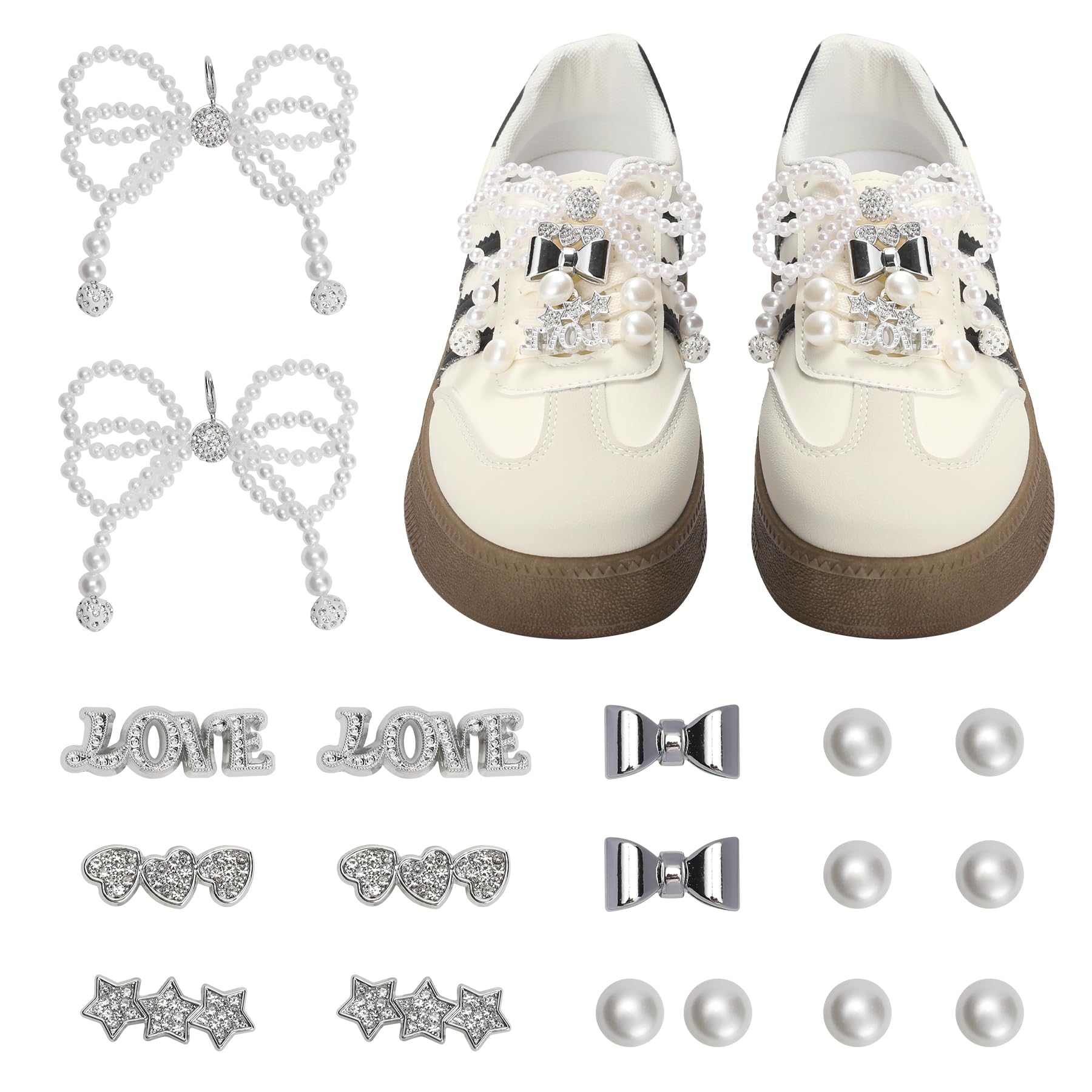 Bellaqueo 34Pcs Flower Shoe Charms for Sneakers Girls, Shoe Lace Charms Clips, Pearl Bows DIY Shoelace Charms, Junk Socks Charms Kit for Women,