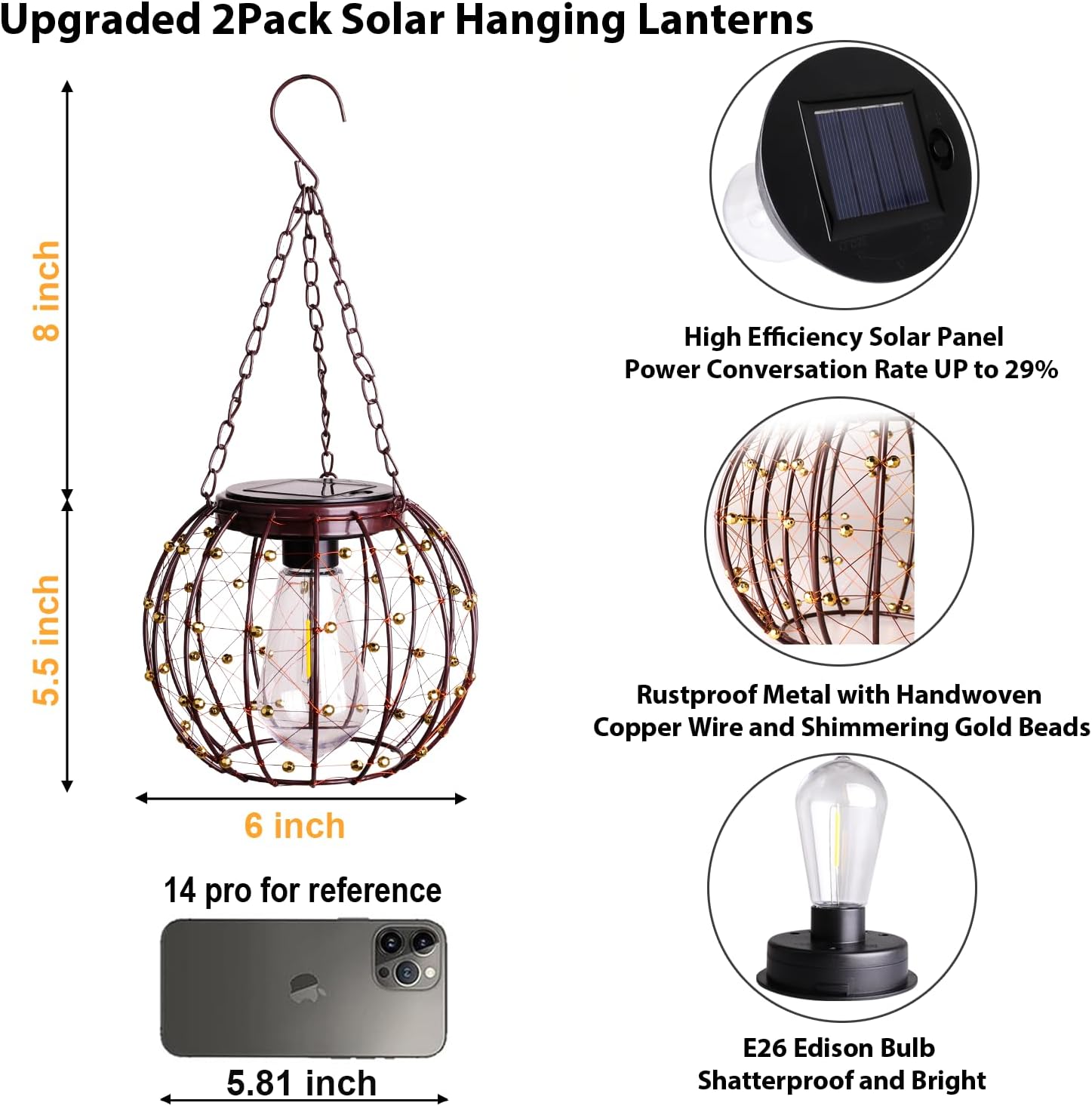 Hanging Solar Lanterns, Solar Lights Outdoor Waterpoof, Solar Chandelier with Warm White Led Bulb, Beaded Copper Wire Ball Shade Patio Garden Decor Lights for Tree Yard Pathway Wall Eave Pergola-2Pack