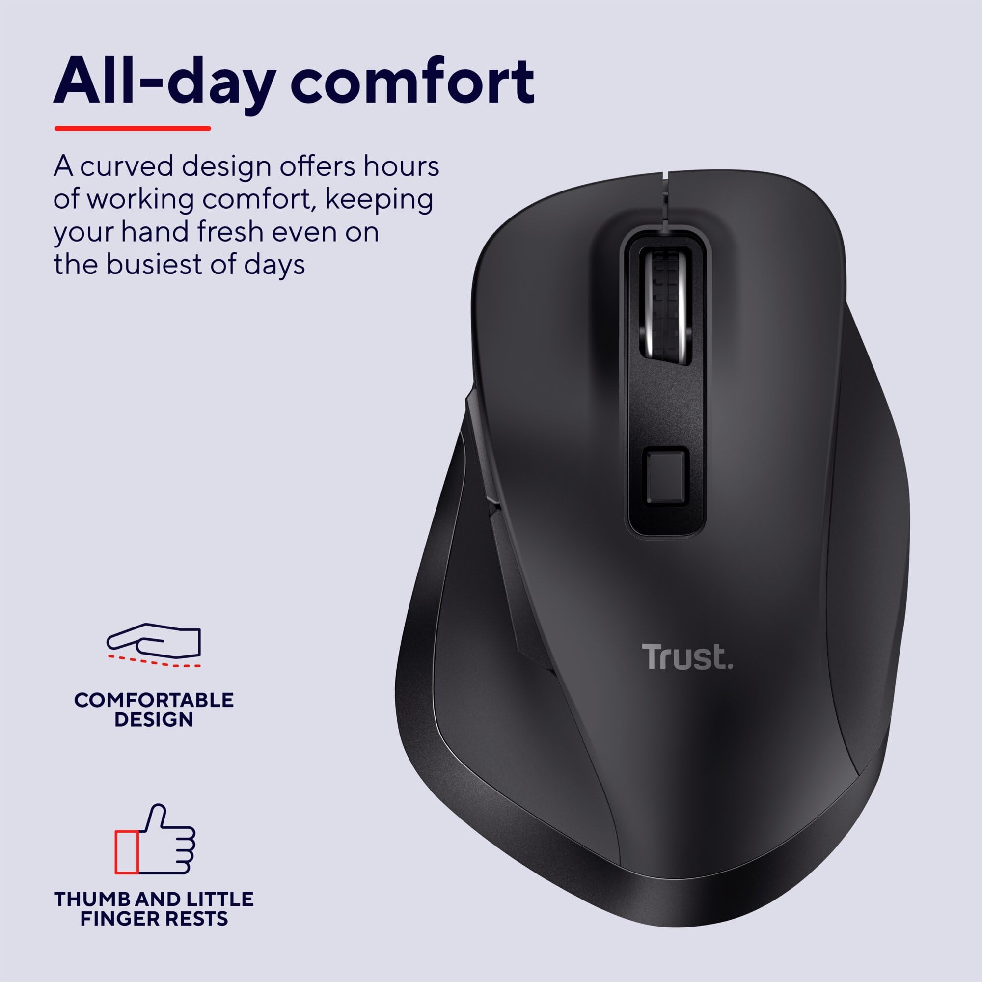 Trust Fyda Mouse Wireless Ricaricabile, Design Sostenibile, 800-2400 DPI, 6 Pulsanti, 2,4 GHz, Ricevitore USB, Mouse Ergonomico senza Filo per Laptop, PC, Computer, Macbook, Ufficio - Nero