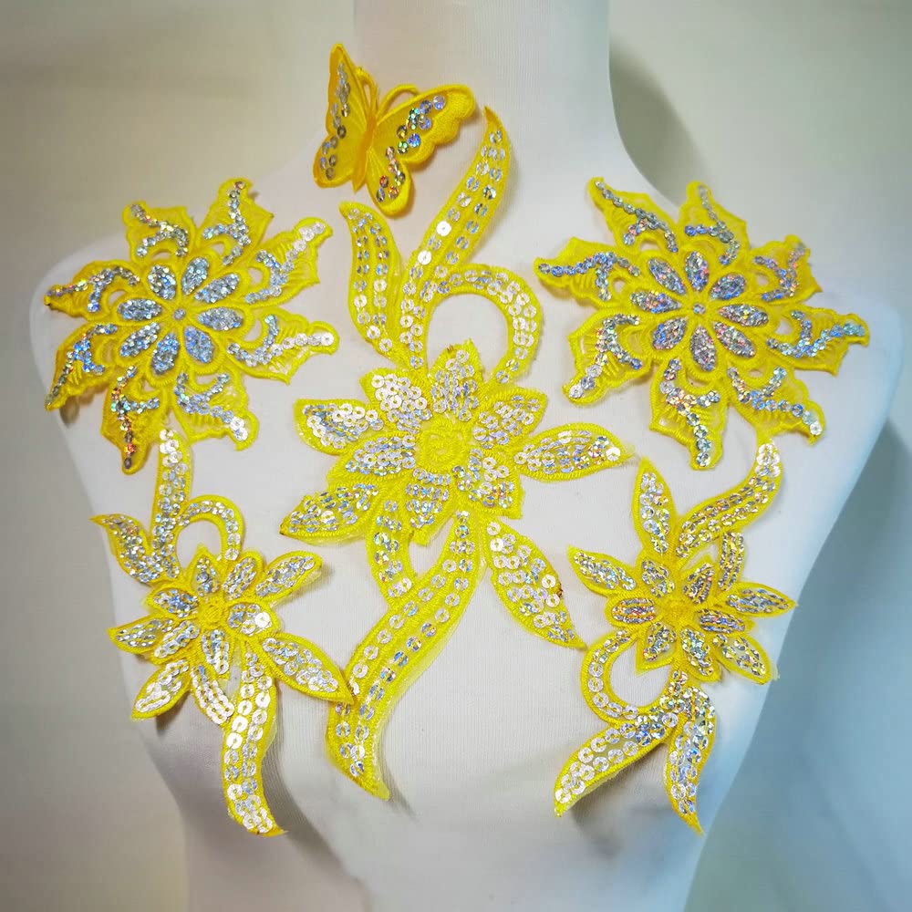 6pcs Yellow Flower Embroidery Iron On Patch Sequin Beaded Patches for Clothing Clothes Embroidered Appliques