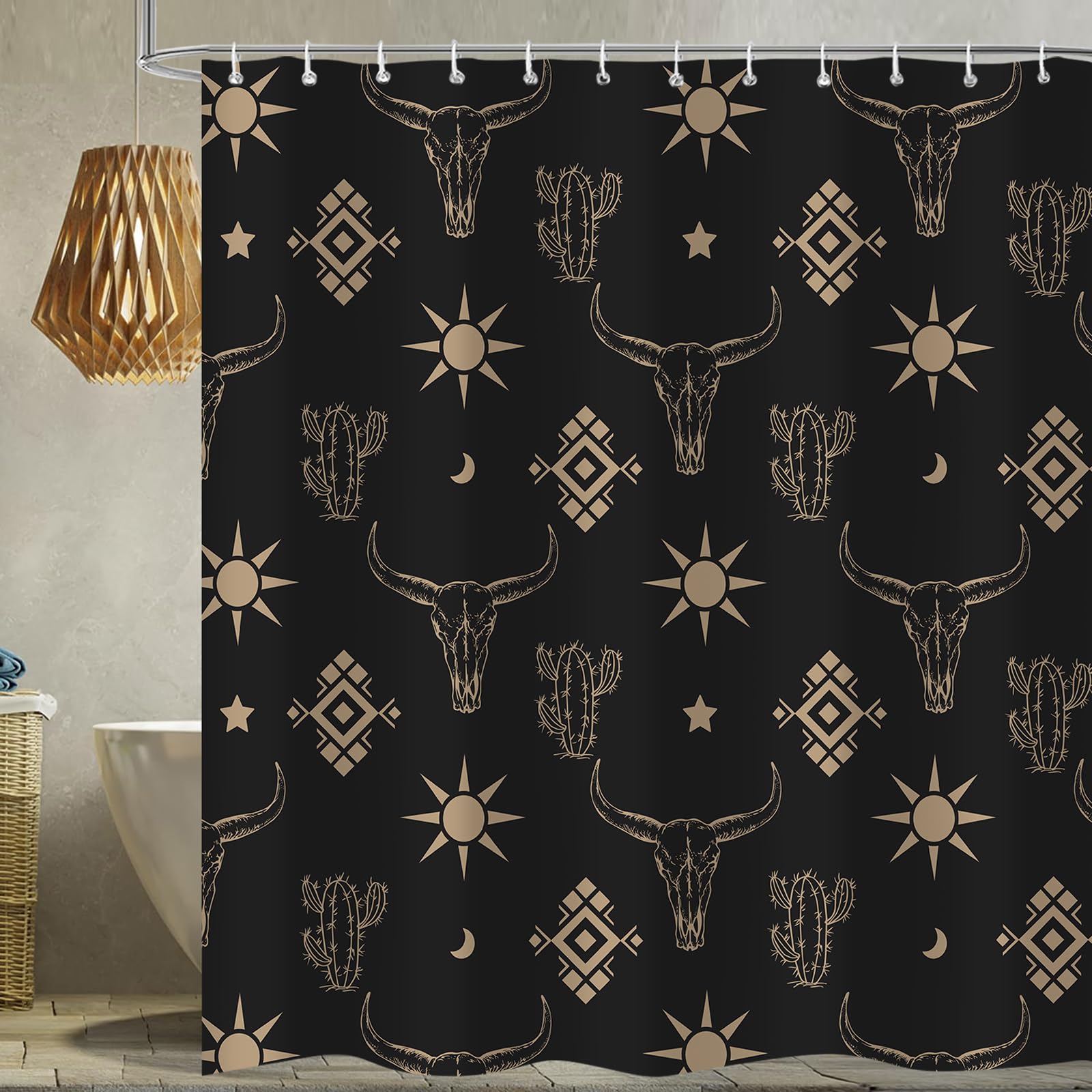 Emwnodti Western Cow Skull Shower Curtain, Black Gold West Boho Bohemian Cactus Shower Curtain fo Bathroom Set, Polyester Fabric Waterproof Bath