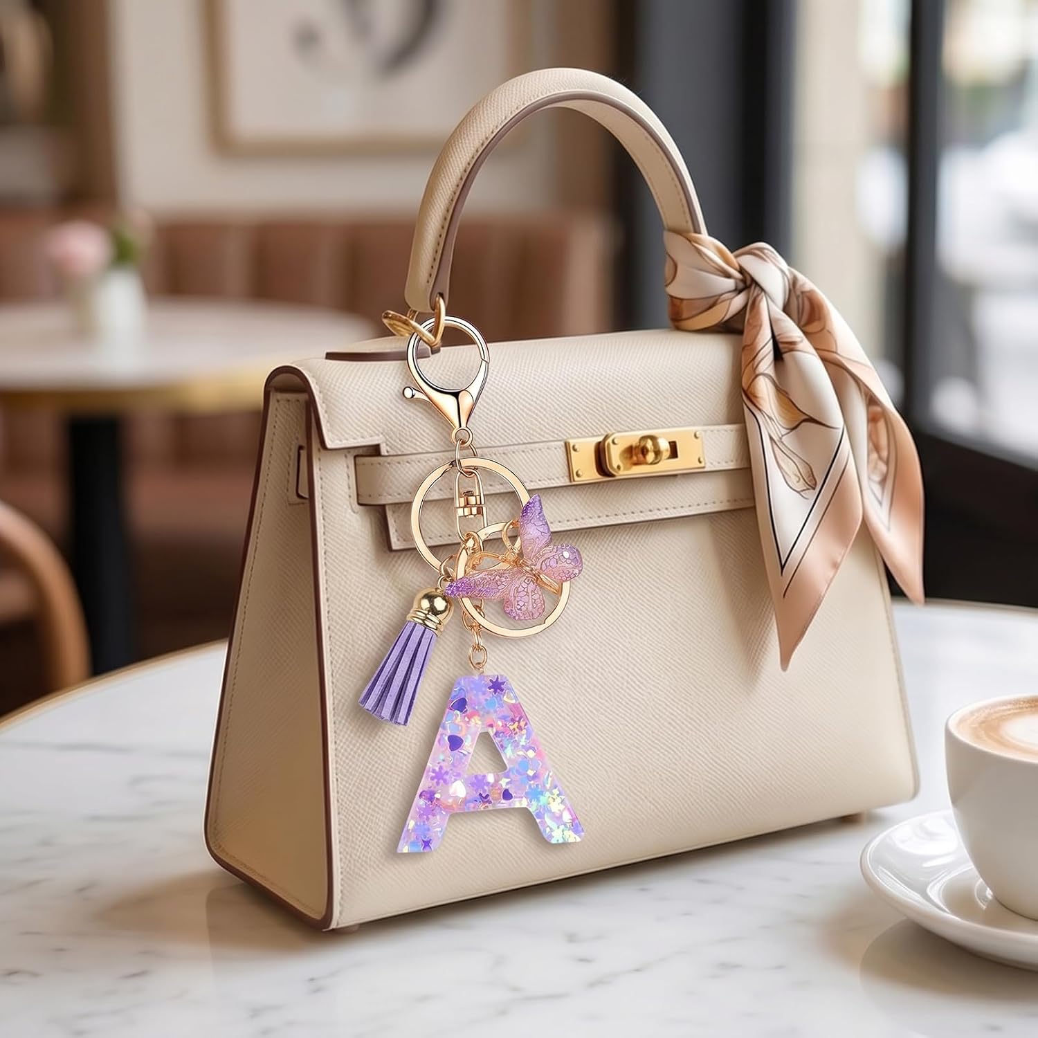 Initial Keychain Bag Charms, Cute Sparkly Letter Accessories Gift for Women Purse Backpack Butterfly Tassel Key Chain image 4
