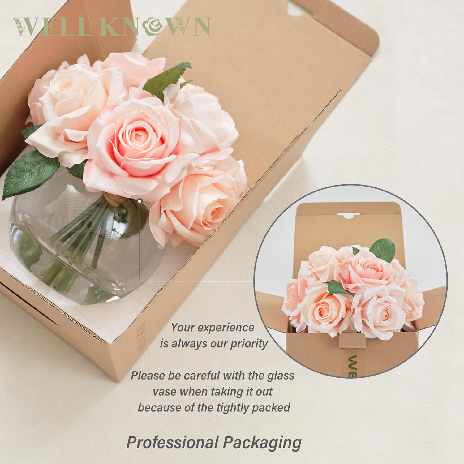 WELL KNOWN Artificial Flowers with Vase, Silk Rose Artificial Flowers Table Centerpieces with Faux Water for Home Decoration Fake Roses Flower Arrangements for Table Decor (Pink) - Image 7