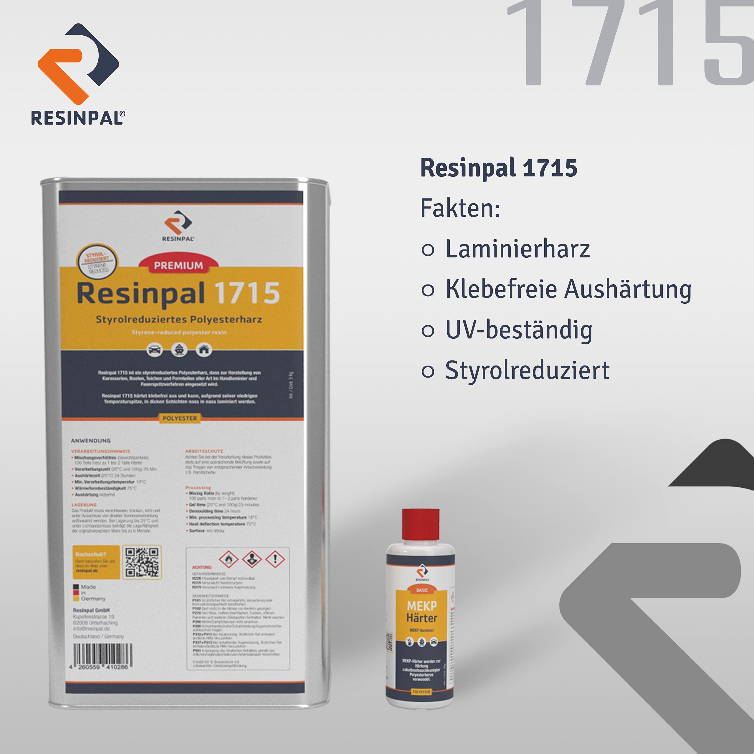 Polyesterharz mit Härter | 5 kg Resinpal 1715 + 100 g Härter | Laminierharz | Styrolvermindert | Reparaturharz Set inkl. MEKP-Härter | Zum Laminieren & Reparieren| Kunstharz Made in Germany |