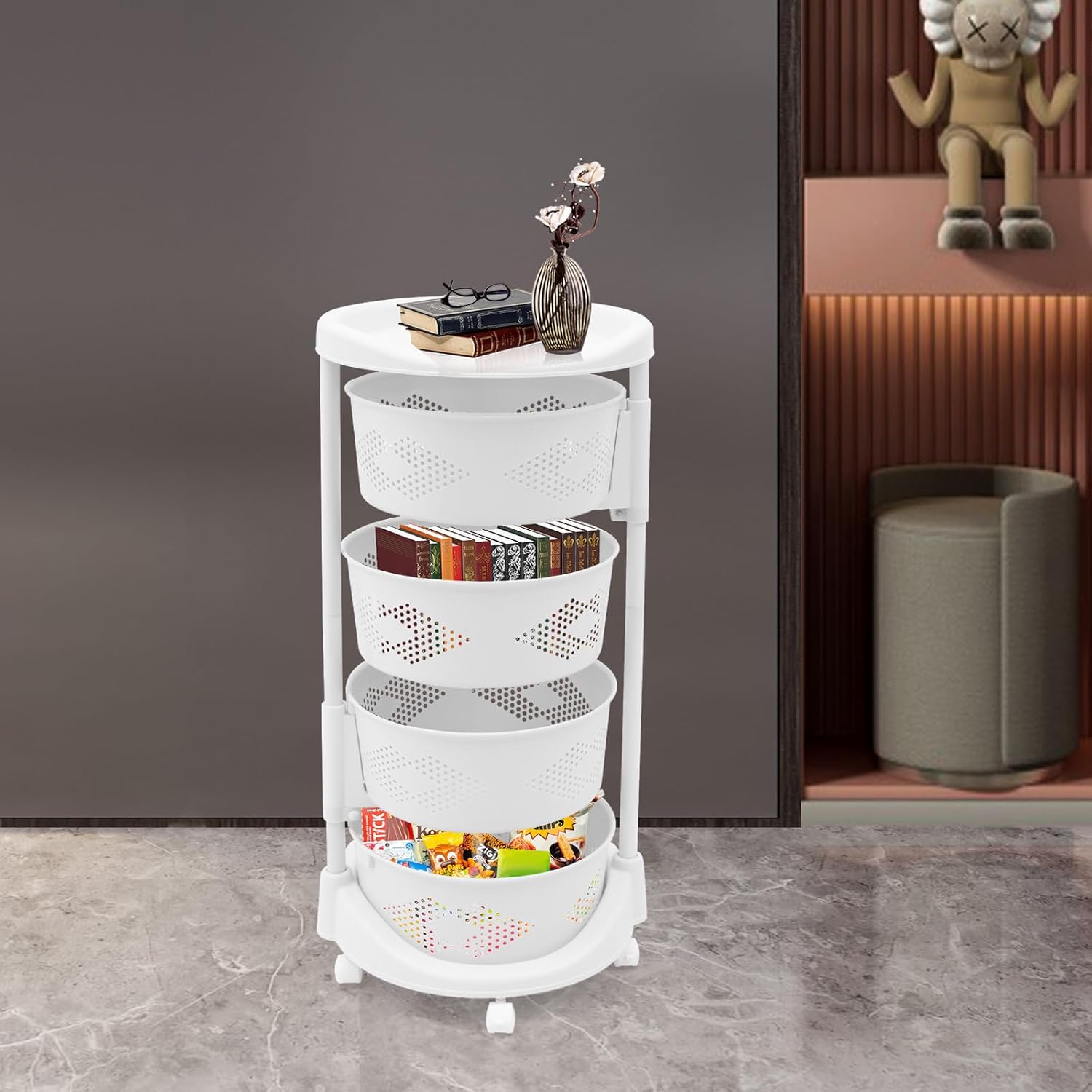 Multi-Layer Vegetable Rotating Basket Rack,Rotating Storage Rack with Five Universal Casters,Circular Rotating Basket for Living Room,Kitchen,Home Decor,Bathroom,White (4 Tiers)