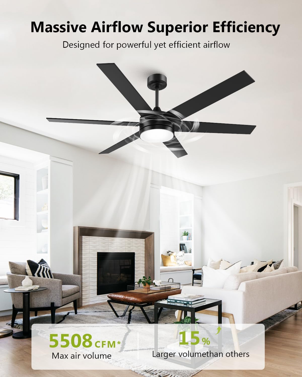 60 Inch Large Ceiling Fans with Lights and Remote, Indoor Outdoor Black Modern Ceiling Fan, 3CCT, Reversible DC Motor Dual-Sided Blades High CFM Ceiling Fan for Bedroom Living Room Patio Garage