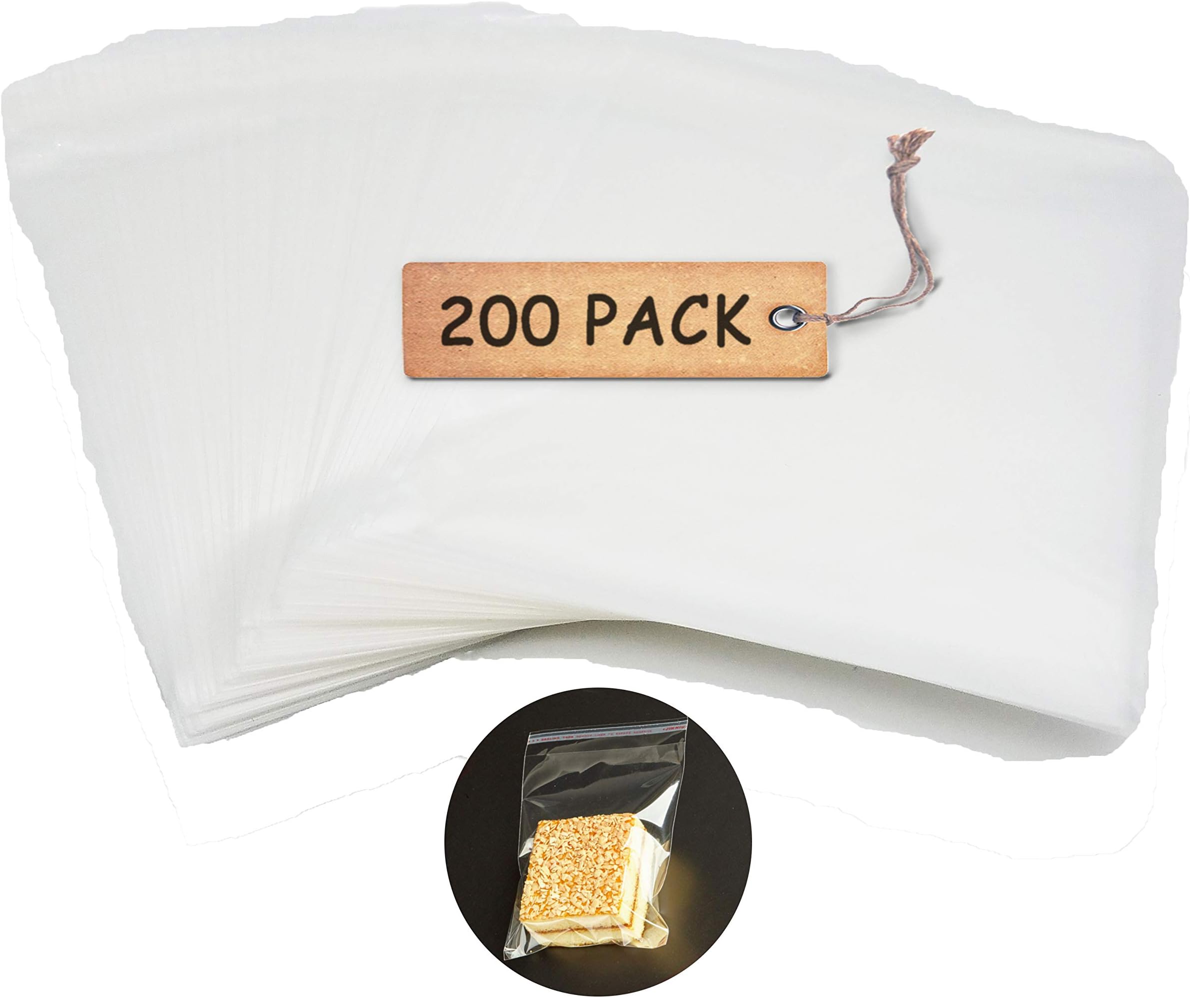 SCHOLMART Cellophane Bag 200 pcs Adhesive Treat Bags Crystal Clear - Self Sealing OPP Plastic Cello Bags for Bakery Cookies (1.0 mil) (3 X 4 Inches)