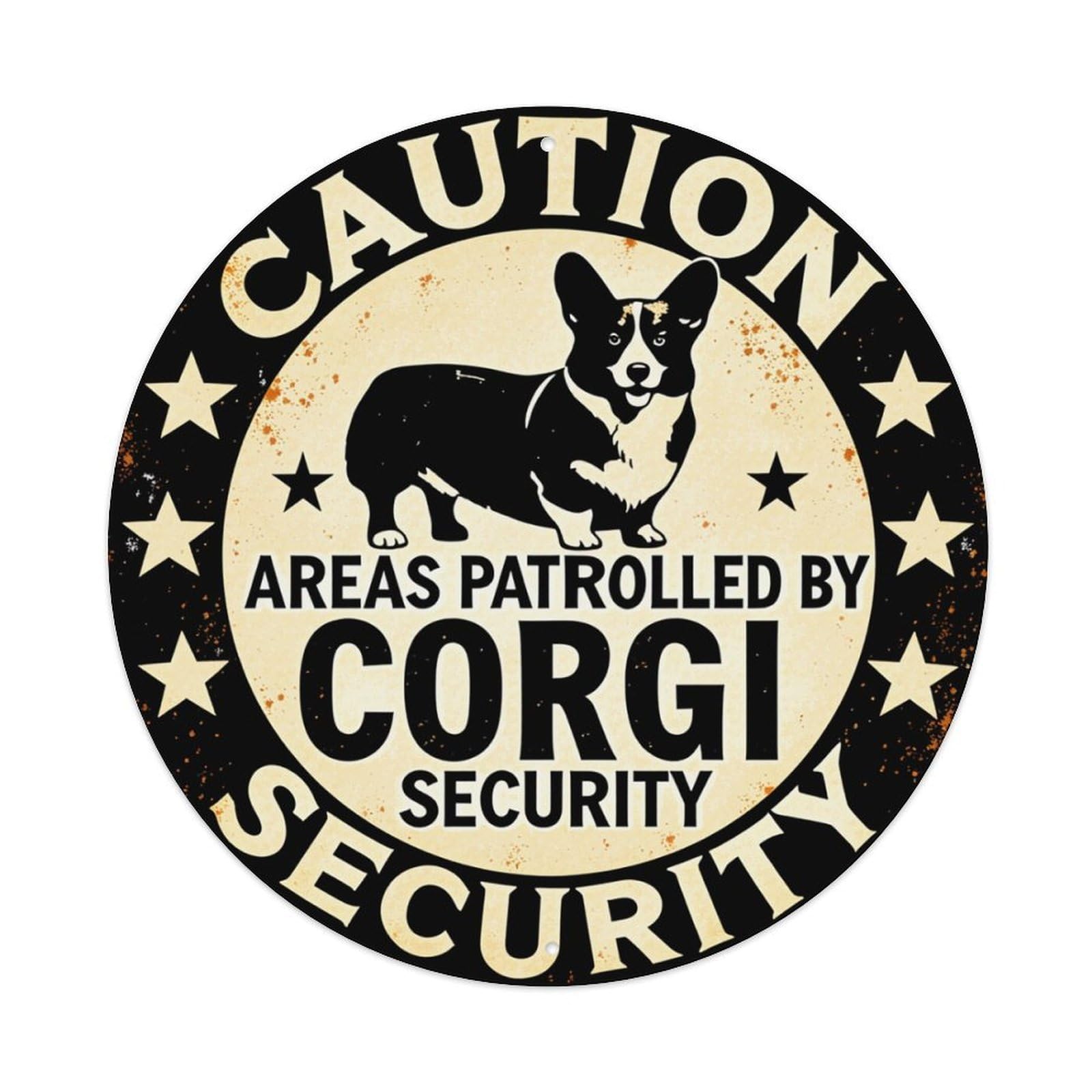 Caution Corgi Security Patrol Area Round Tin Sign Retro Metal Sign for Cafe Bar Pub Home Game Room Gym Club Wall Decoration Vintage Metal Poster 8x8 Inch