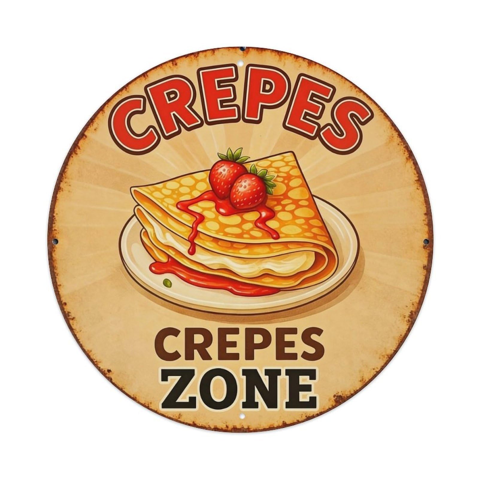 Crepes With Strawberries And Syrup Retro Metal Sign Round Tin Sign, Vintage Decor Art Poster for Bar, Home, Man Cave, Kitchen, Laundry Room Gift 8x8Inch