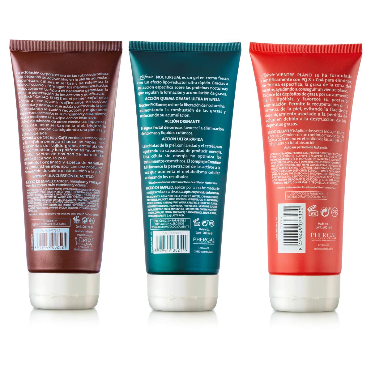 Elifexir | Cacao Sense + Nocturslim + Vientre Plano | Exfoliante Corporal + Quemagrasas Nocturno + Gel Reductor abdomen | Luce una Figura Esculpida | 200ml + 200ml + 200ml