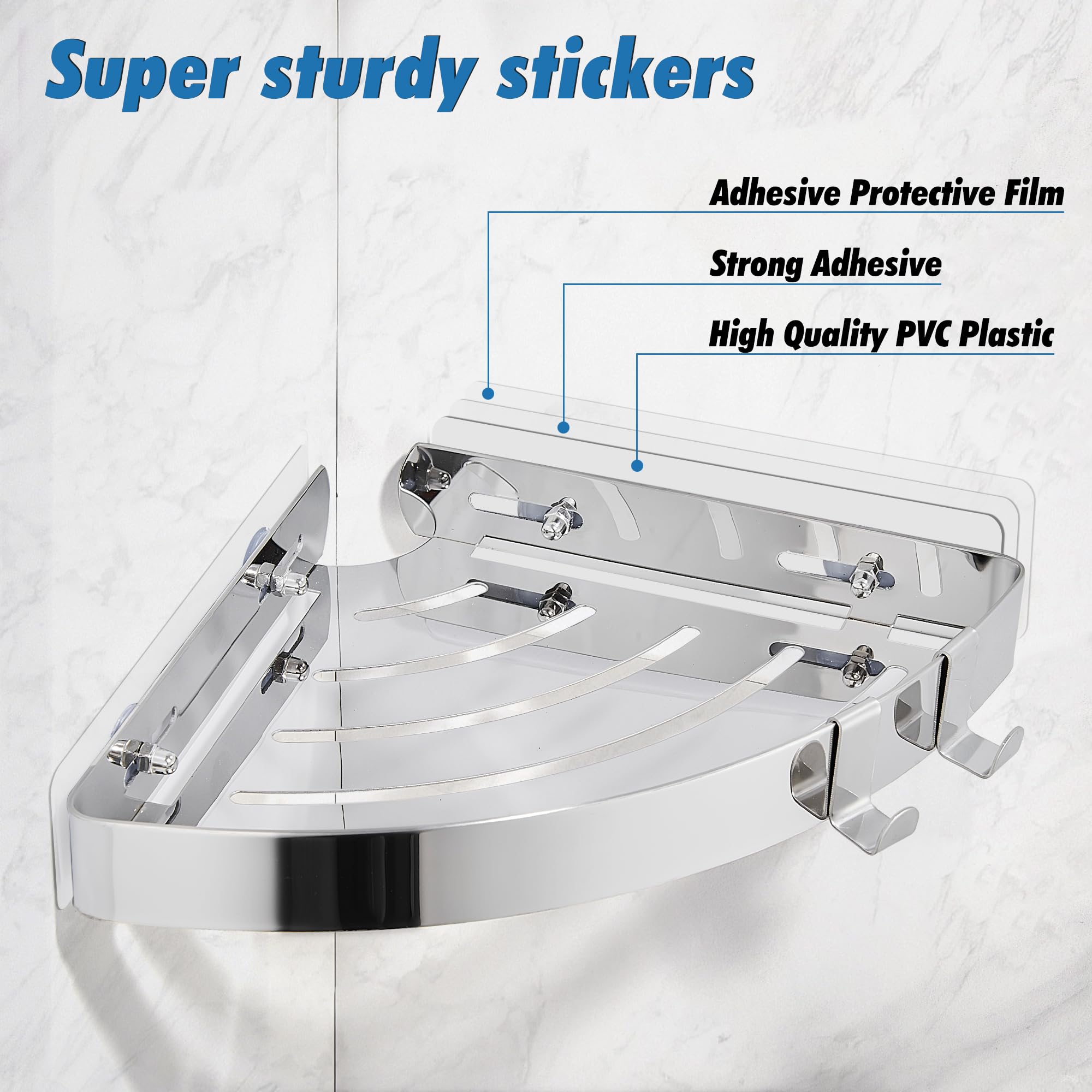 Mensola Doccia Angolare Senza Foratura - Acciaio Inox Con 2 Ripiani E Ganci, Argento - Foto 12