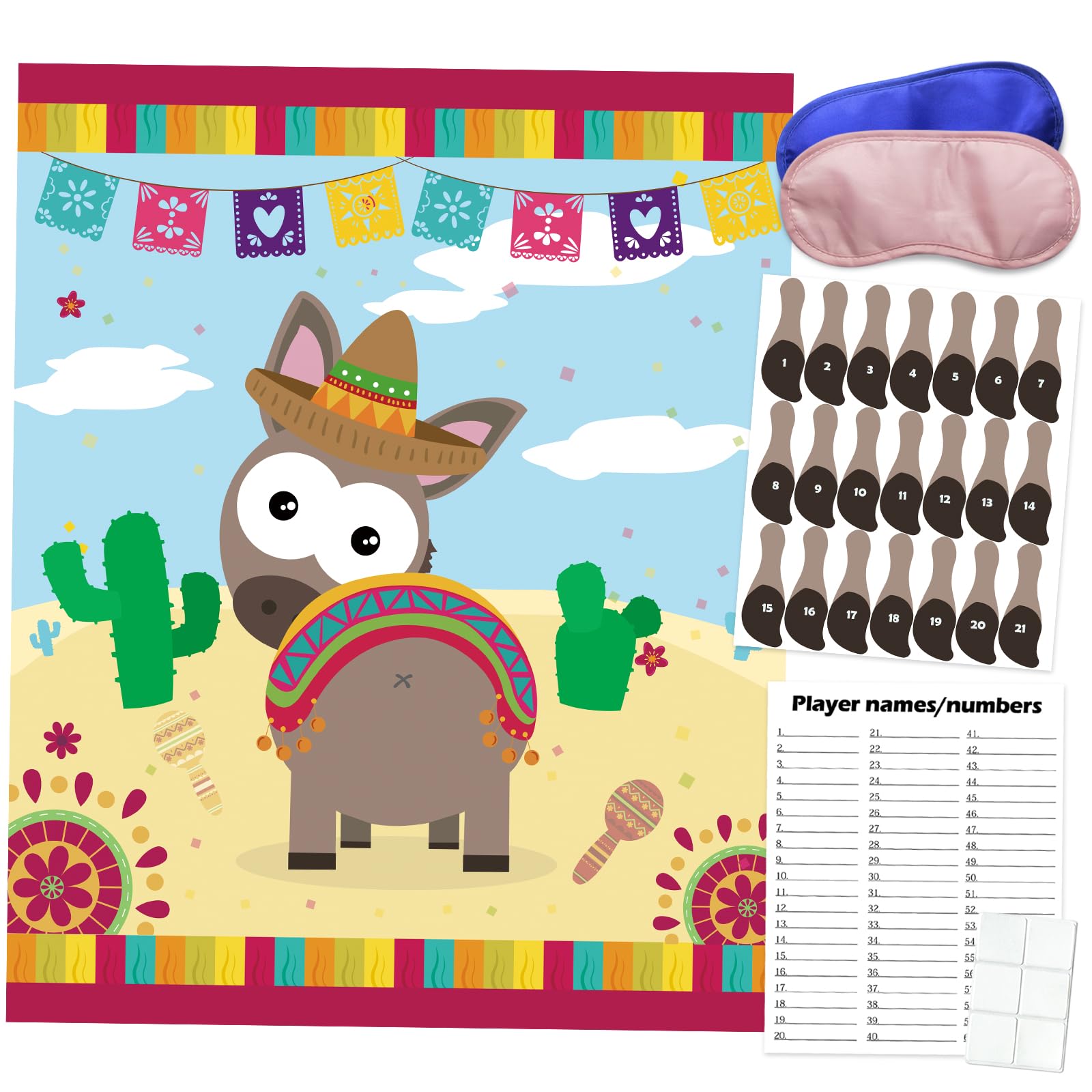 PARTYLOUD Mexican Party Games, Pin Tail on The Donkey, Mexican Fiesta Party Games Classroom Toddlers Preschool Party Supplies Favors for Boys Girls