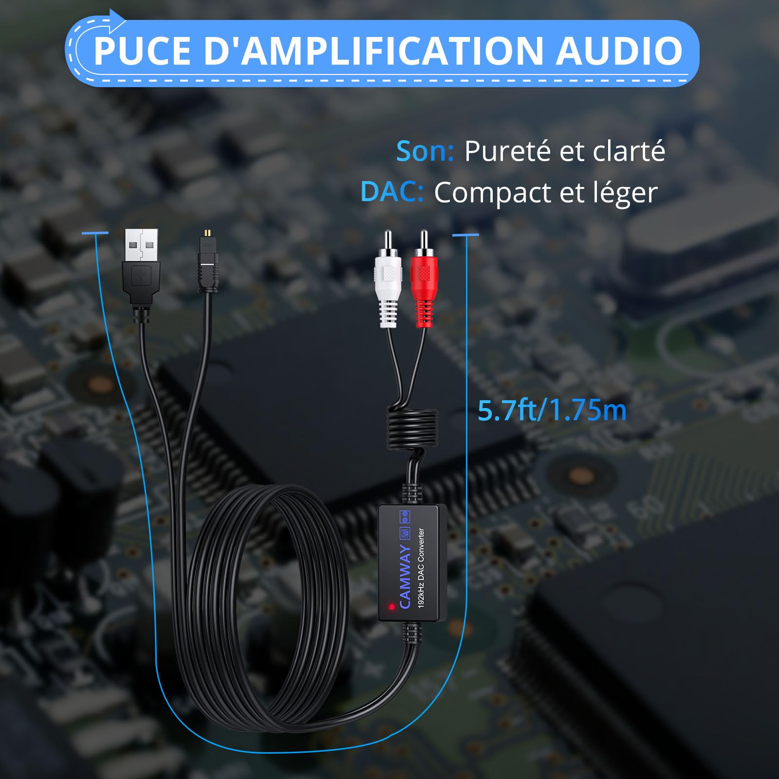 Convertisseur Optique RCA SPDIF 192kHz avec Câble Intégré 1,75m pour HDTV Xbox DVD Blu-Ray