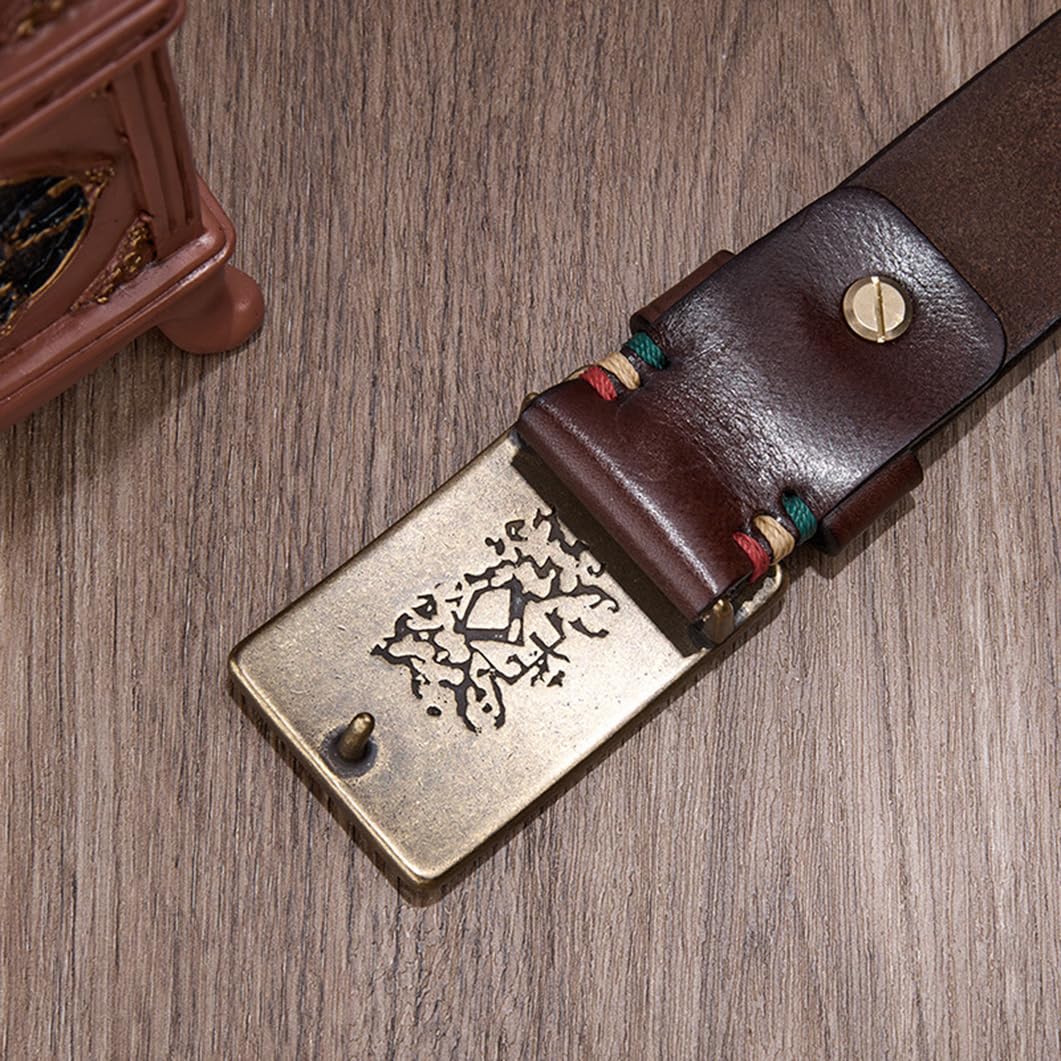 Cintura in Rilievo Fiore Western Fibbia a Scatto con Rettangolo Inciso Ottone Massiccio Retro Fatto a Mano Cinturino in Pelle Stile Country(120cm/47, Coffee)