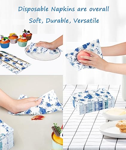 Miniatura 5 de Kolaxen Servilletas florales de 100 unidades de 13 x 15.7 pulgadas, servilletas de papel desechables de 3 capas de flores azules para baño, boda,