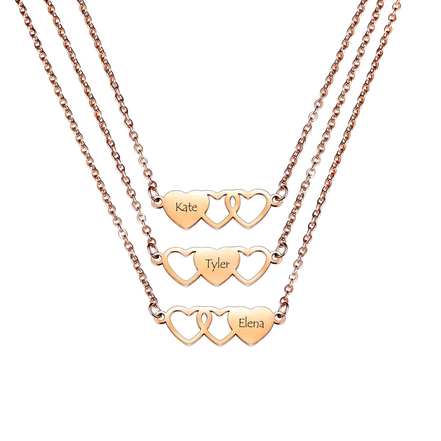 MeMeDIY Personalized Heart Matching Necklace, Custom Name Stainless Steel Adjustable BFF Friendship Necklace for 2/3/4 Sisters Best Friends Women Girls