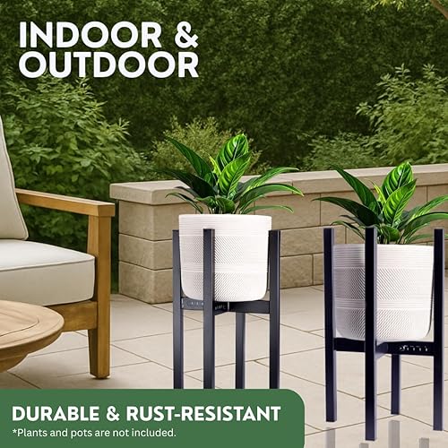 Miniatura 7 de iSpaces - Juego de 2 soportes de metal ajustables de 2 niveles, soporte para plantas negro resistente para interiores y exteriores, soporte