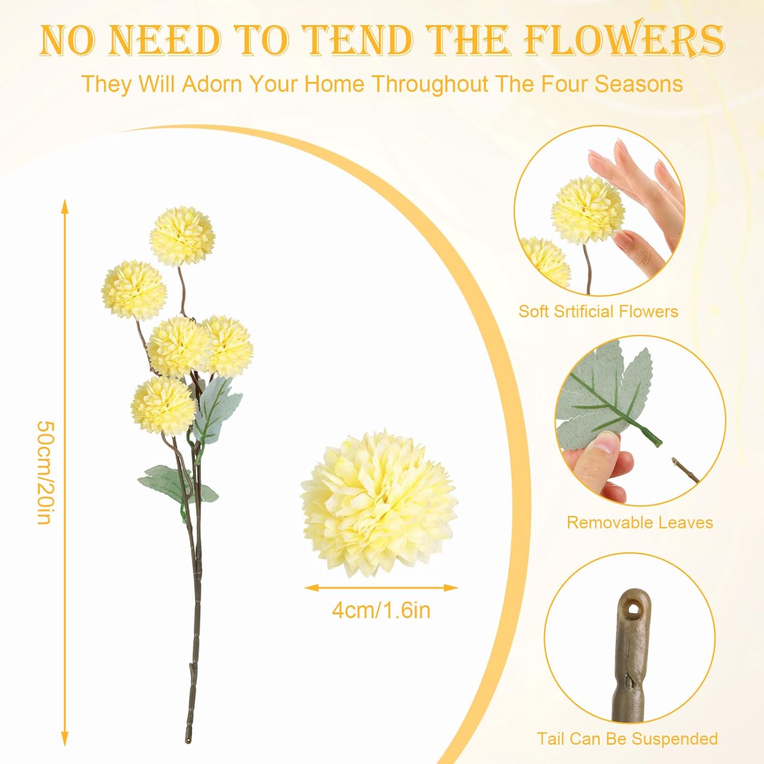 INQCMY Artificial Flowers 12pcs Ball Chrysanthemums for Weddings Silk with Stemsdiy Champagne Bouquets Indoor and Outdoor Decoration Kitchen Table Decor (Yellow)