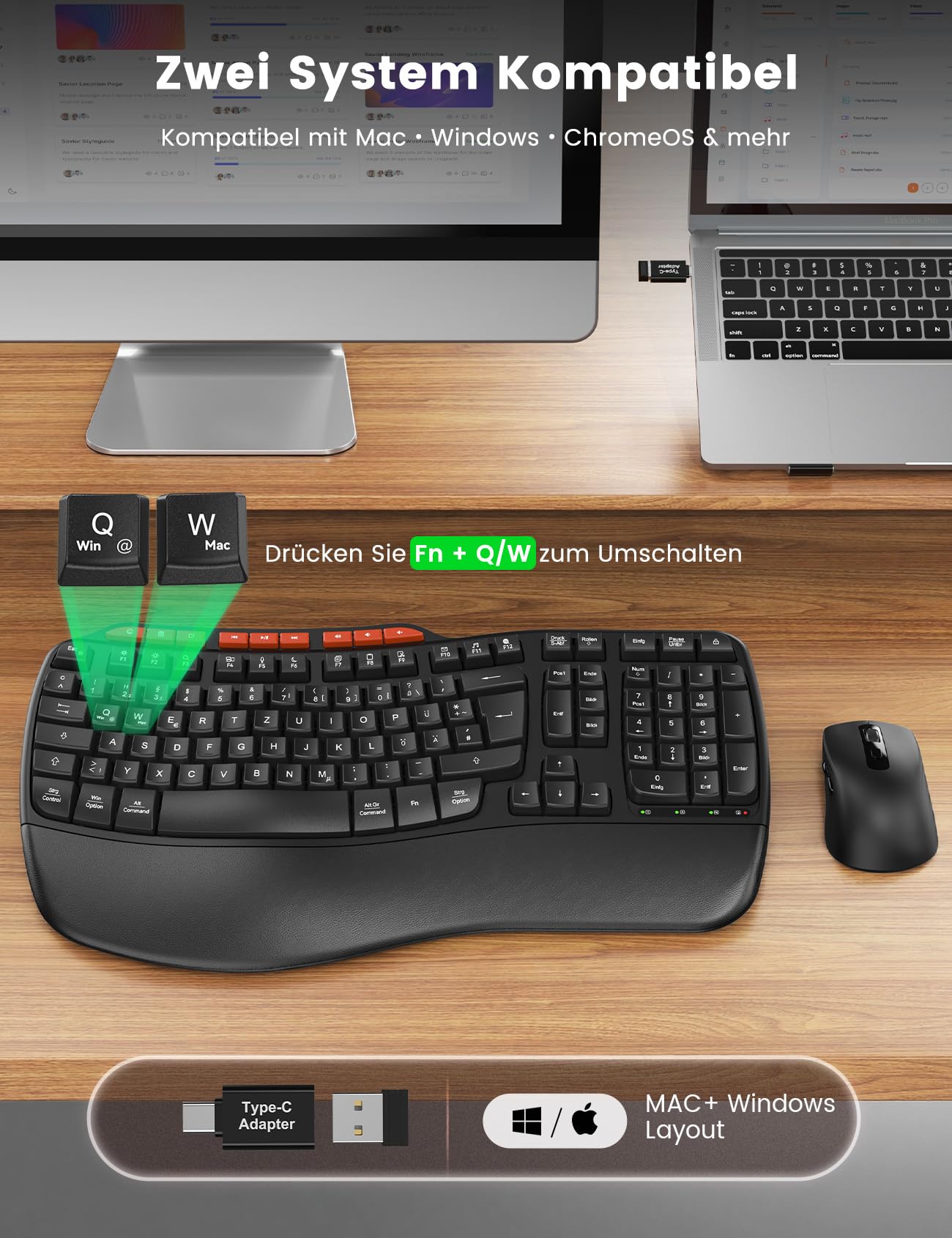 Tastatur Maus Set Kabellos, 2,4GHz Wave Tasten in Voller Größe, Ergonomische Tastatur mit Gepolsterte Handballenauflage und 4 Neigungswinkel, 3 DPI Maus für Windows/Mac OS/Desktop/Laptop/PC - MA31