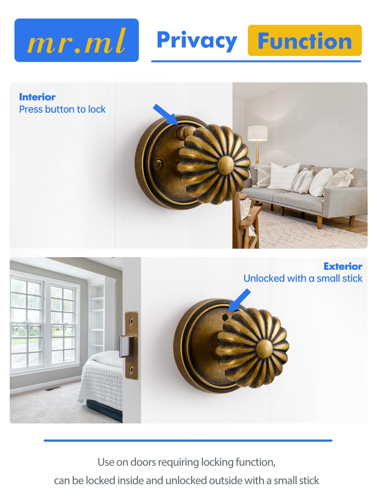 Antique Brass Door Knobs - Retro Privacy Handle -5