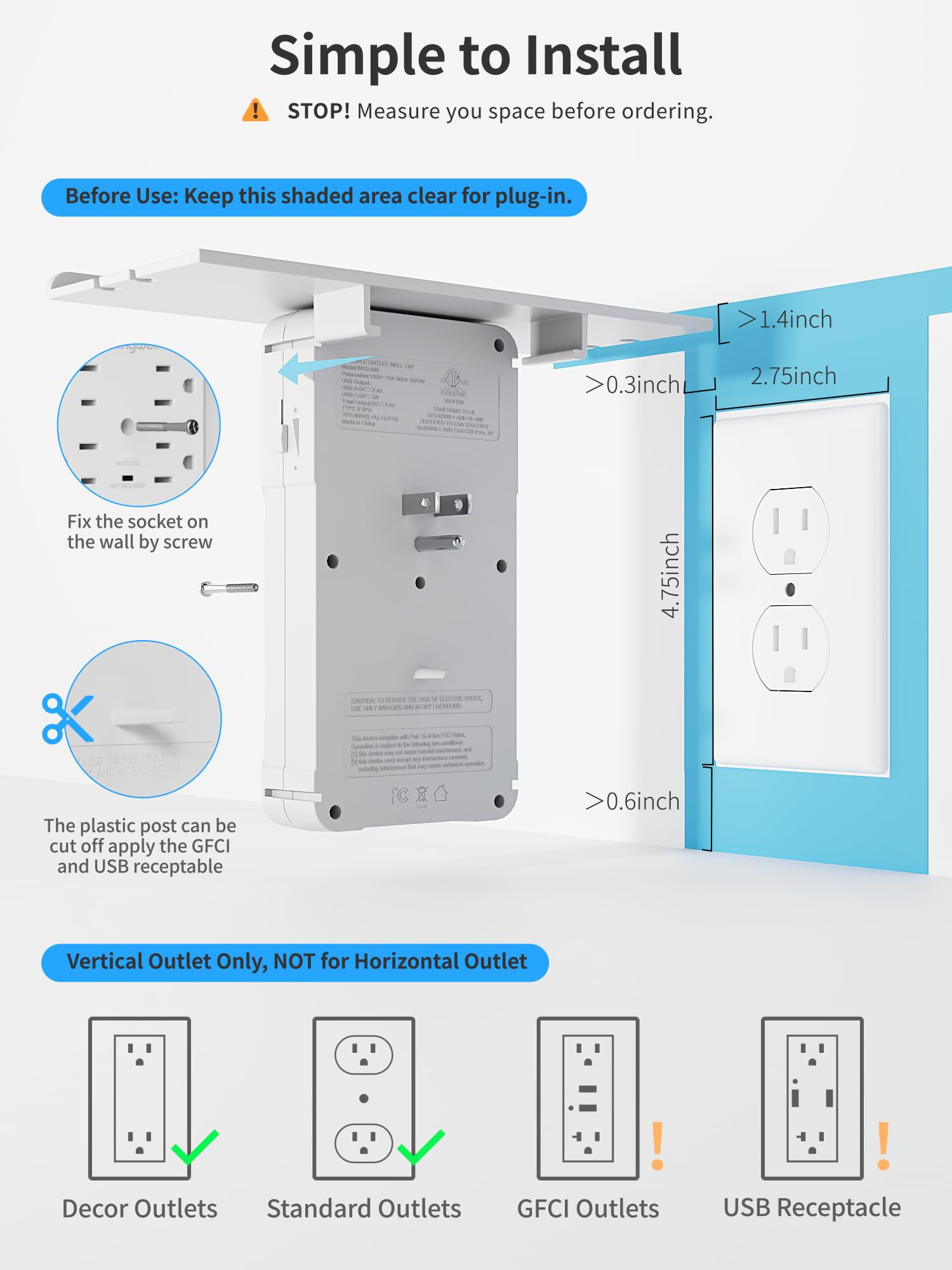 Surge Protector, Multi Plug Outlet, Estensore Presa a Muro con Luce Notturna e Ripiano, Espansore Spina di Alimentazione, (2A +1C), Caricatore da Parete USB, Presa di Alimentazione