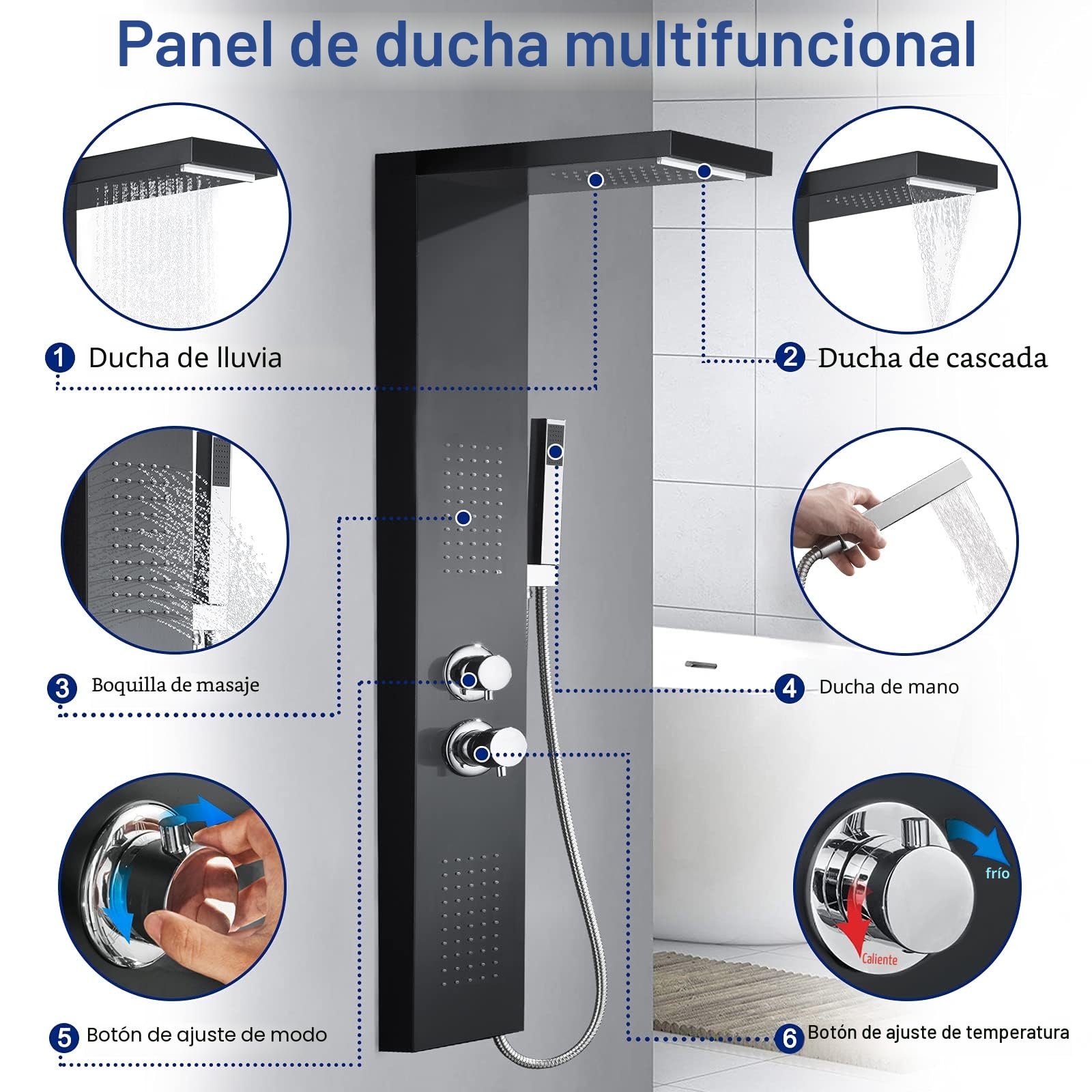 UISEBRT Columna de ducha de acero inoxidable 4 IN 1 Multifunción Panel de Ducha Panel de ducha con ducha de lluvia, ducha de masaje, ducha cascada, con alcachofa de mano (Negro mate)