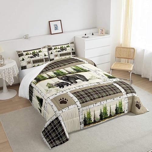 Miniatura 4 de Juego de ropa de cama individual de oso negro, edredón retro de animales de bosque de caza para cabaña de campo, juego de edredón de retazos verde y
