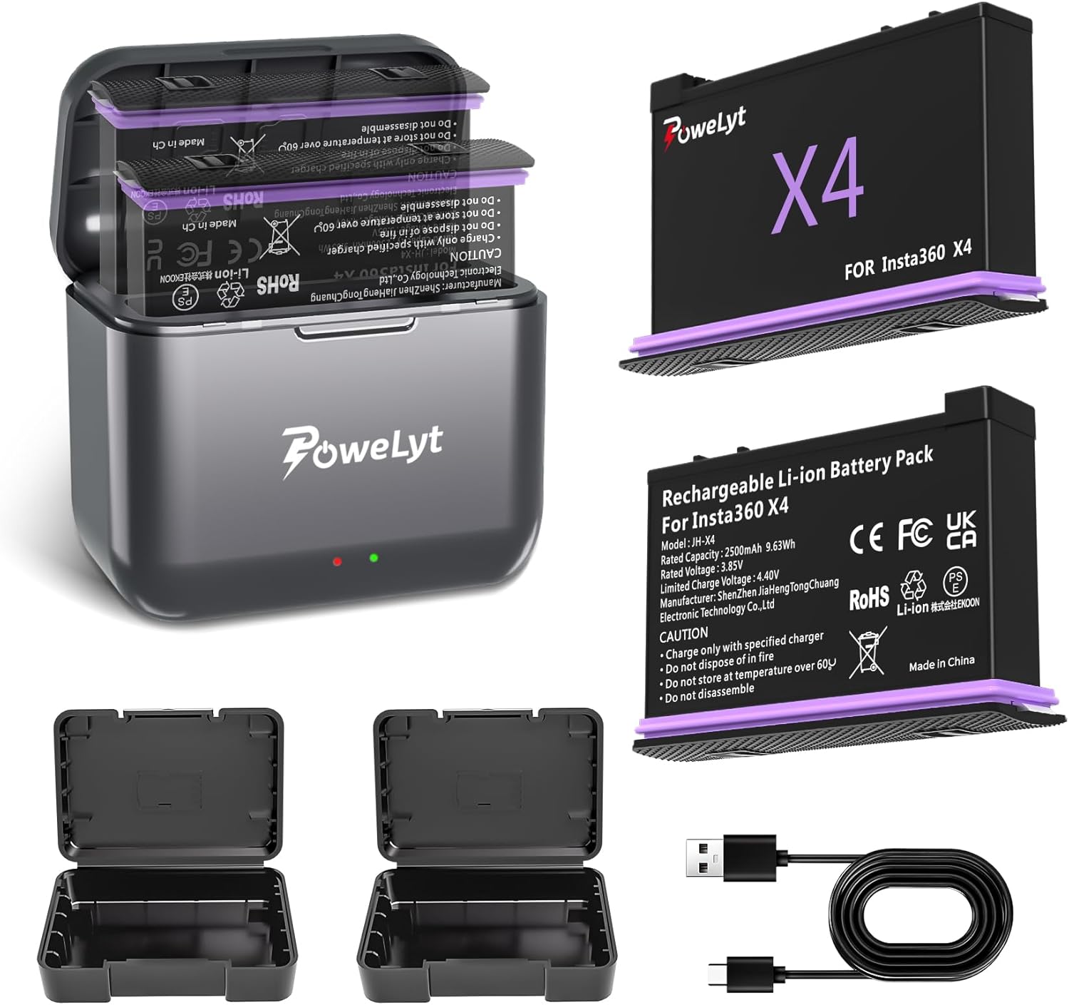 360 X4 Battery Charger Kit 2-Pack 2500mAh Rechargeable X4 Battery and Dual Channel Battery Charger with Battery Case Can Store Misro SD Card Fully Compatible with Insta360 X4 Action Camera