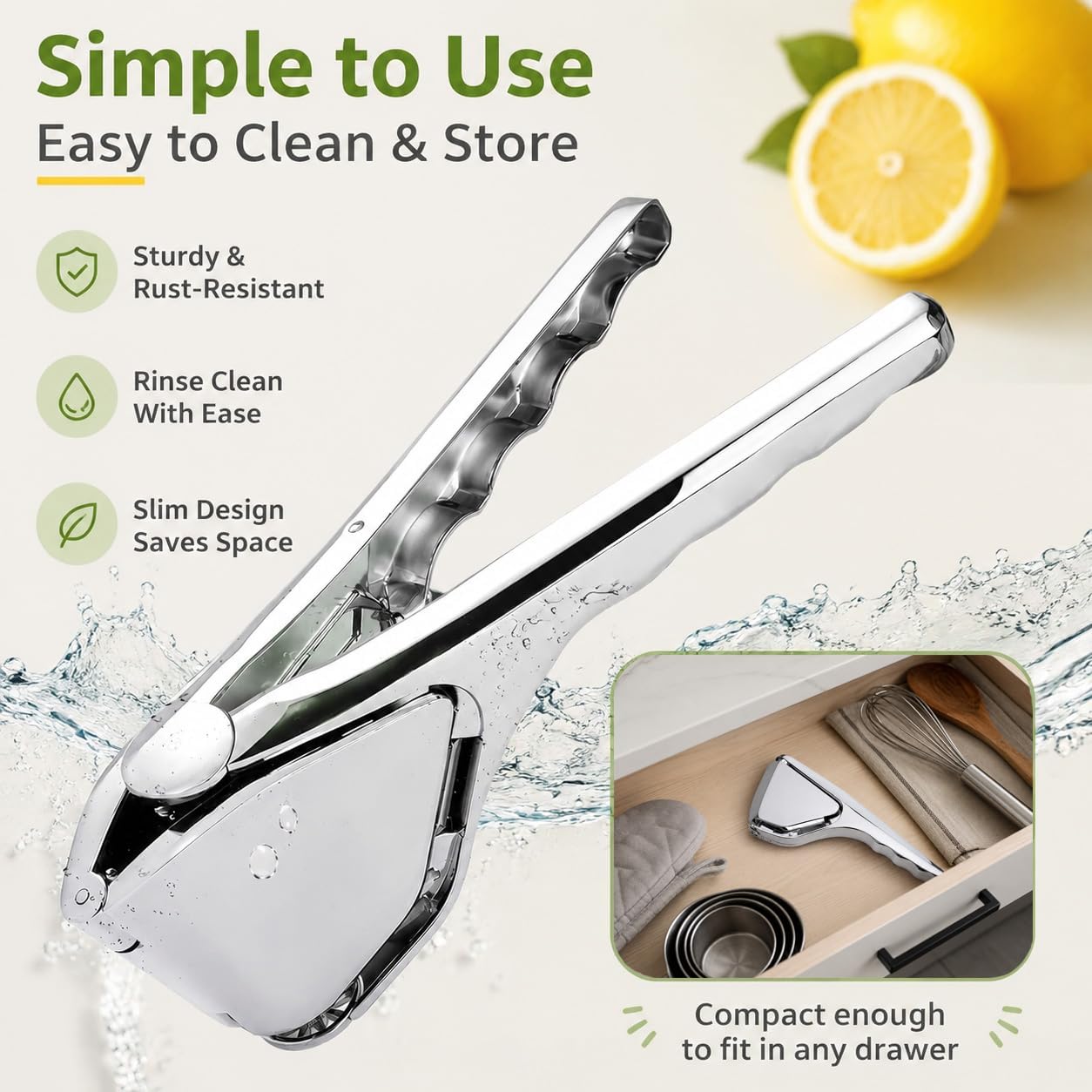 Stainless Steel Lemon Squeezer, Manual Citrus Juicer for Lemon, Lime, Orange and More Fruits, Handheld Fruit Juice Press with Filter, Foldable Kitchen Squeezer for Cooking, Drinks and Cocktails