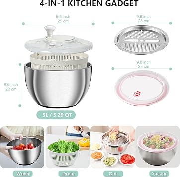 Large Salad Spinner with Storage Lid,5.29QT Stainless Steel Spin Dry Salad Greens Fruit Washing Bowl with Strainer Vegetable Cleaner washer Lettuce Spinner with slicer and julienne cutter