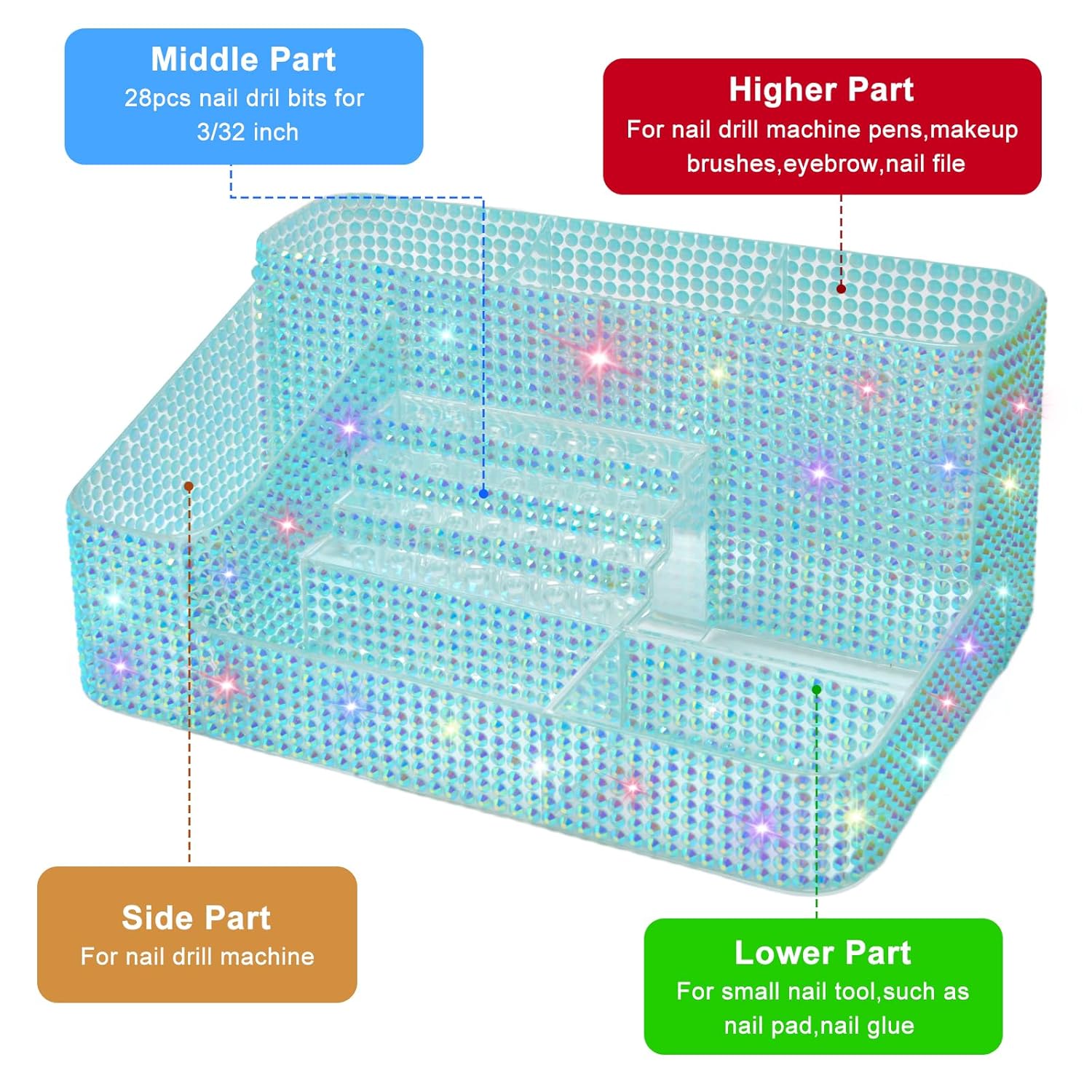 ANRUI Nail Drill Bit Holder, 28 Holes Plastic Nail Drill Machine & Bits Storage Case, Professional Nail Desk Organizer for Manicure Tools Gift for Women and Girls- Diamond Blue