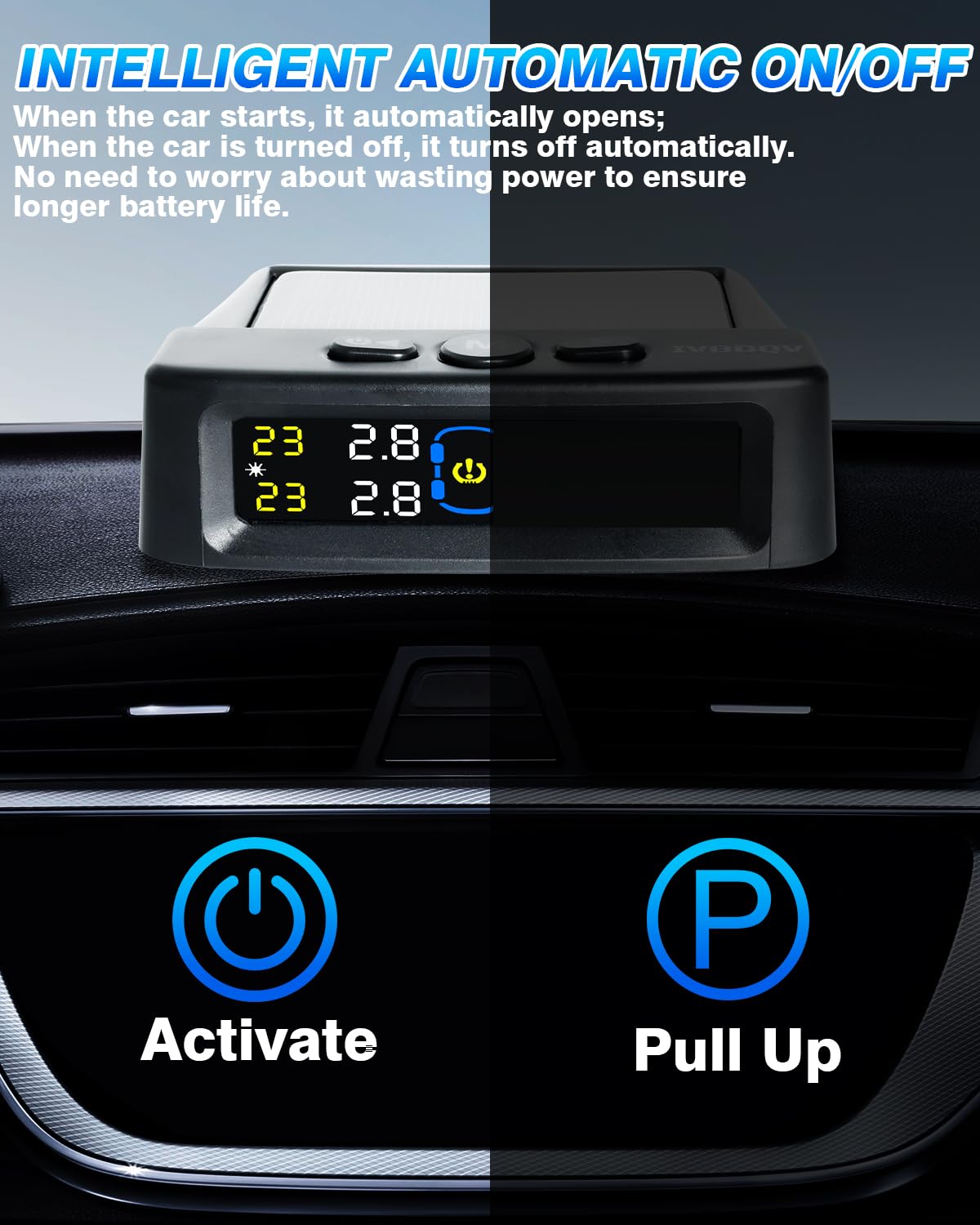 Tire Pressure Monitoring System, USB/Solar Charge, 6 Alarms,50ft(0-144 PSI)