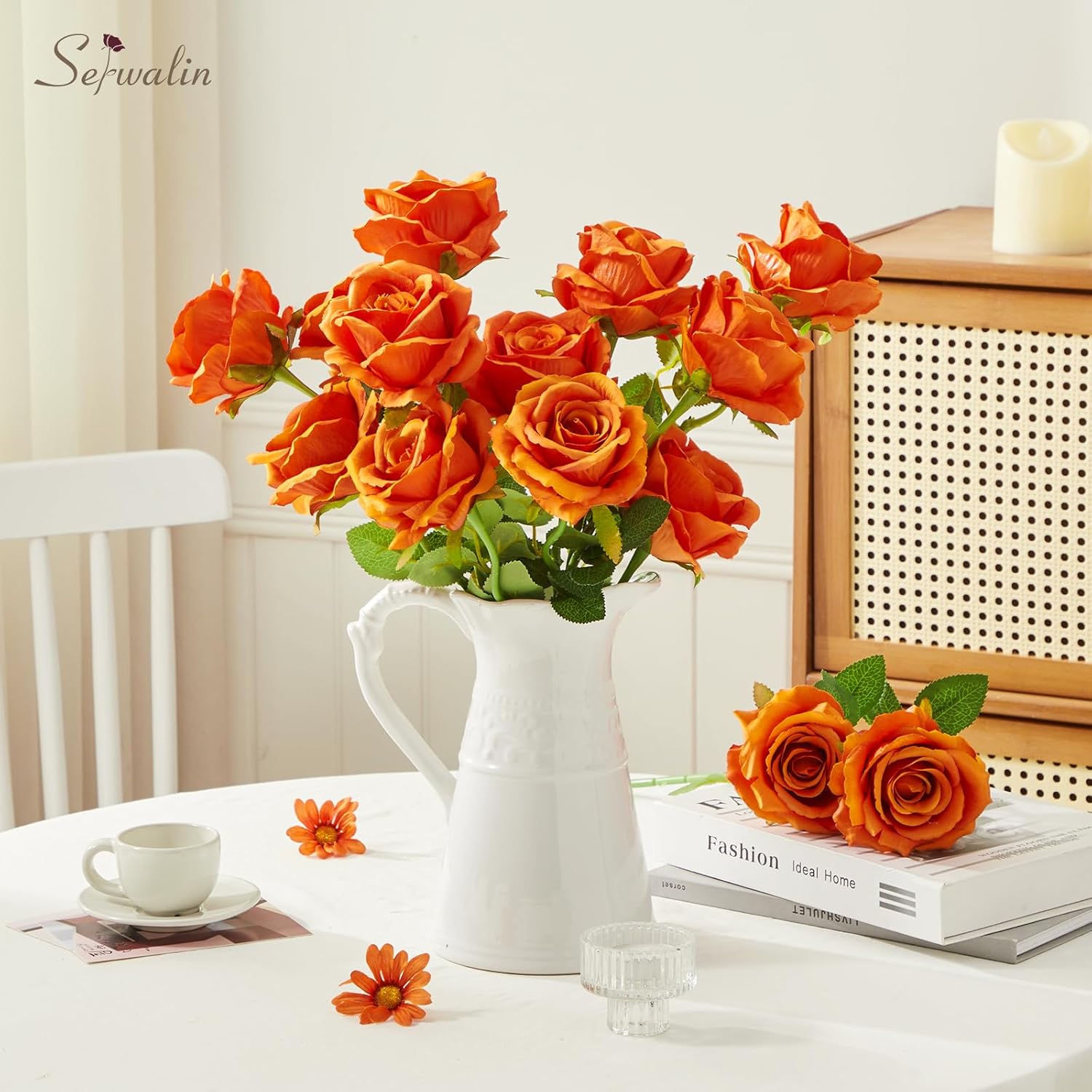 Serwalin 20pcs 4'' Big Orange Artificial Roses, Large Flower Head Silk Rose Velvet Real Touch, Fake Roses Long Stems Realistic Bouquet for Wedding, Table Centerpiece Home Decor - Image 8
