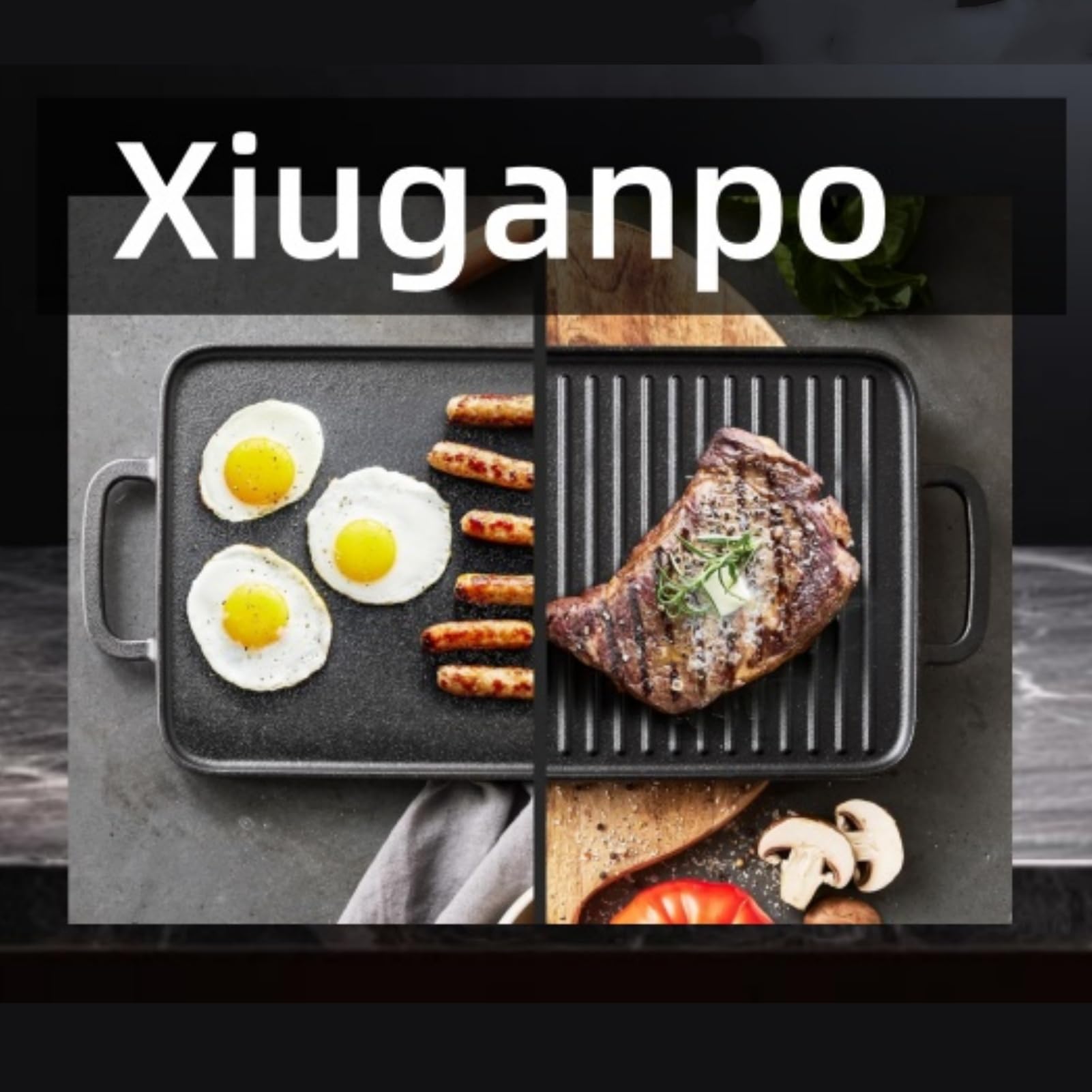 Xiuganpo Non Stick Cast Iron Griddle Pan,Double Sided Usable Cast Iron Grill Pan with Double Handles,Long Lasting Flat and Ridged Surfaces Grill Pan for BBQ, Camping, Garden, Easy Cleanup