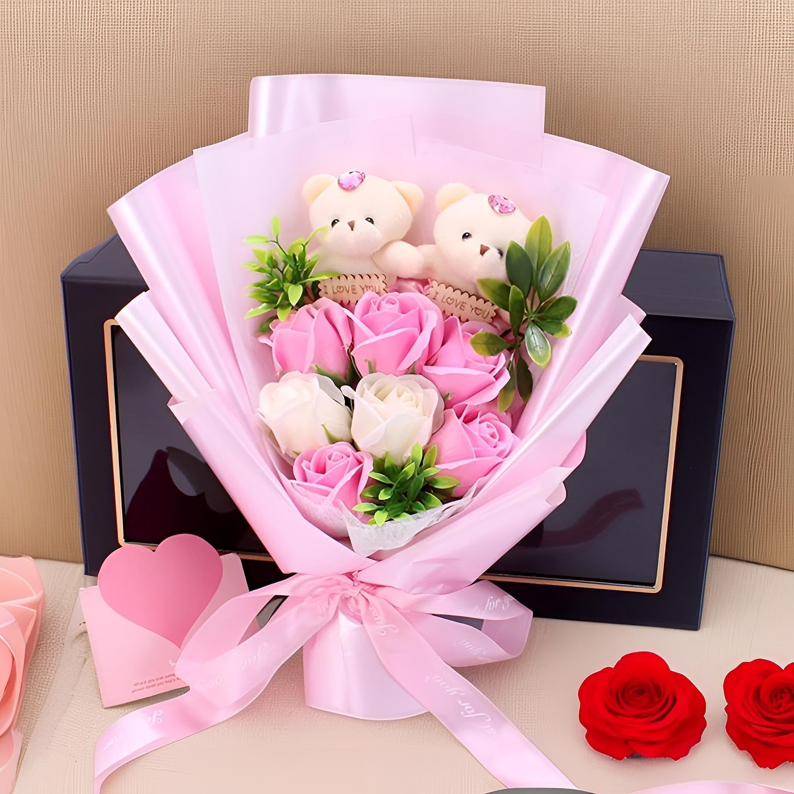 Bouquet de Fleurs Savon Bouquet Floral Artificiel Arrangement Floral avec Ours En Peluche Décoration Fête Anniversaire Adapté pour Salon Chambre Table, rose