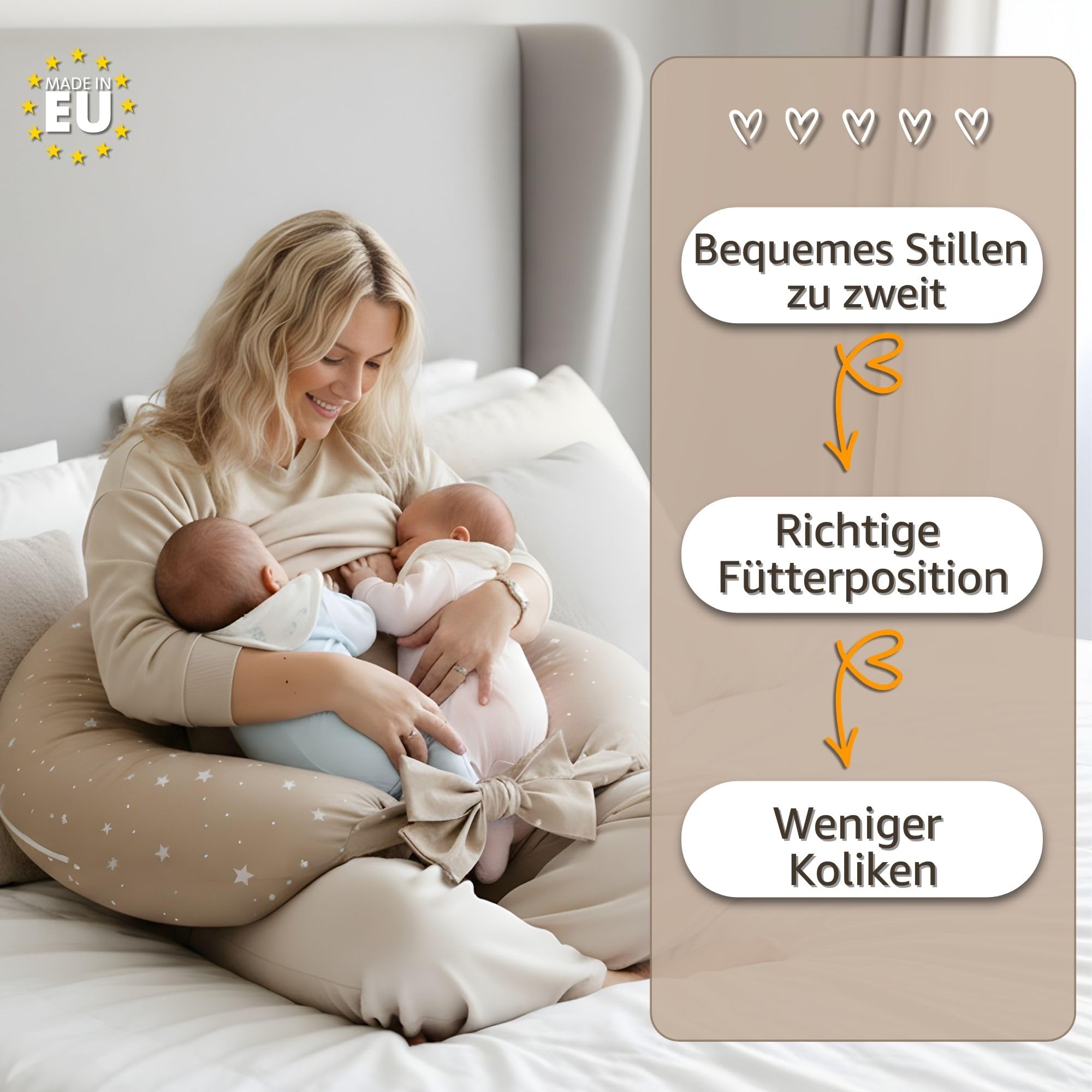 Coussin d’allaitement Jumeaux Twins - 90x50 cm - Oreiller maternité XXL ergonomique Breastfeeding Nursing Pillow bébé positionnement confortable multifonction Oeko-Tex Beige à étoiles blanches