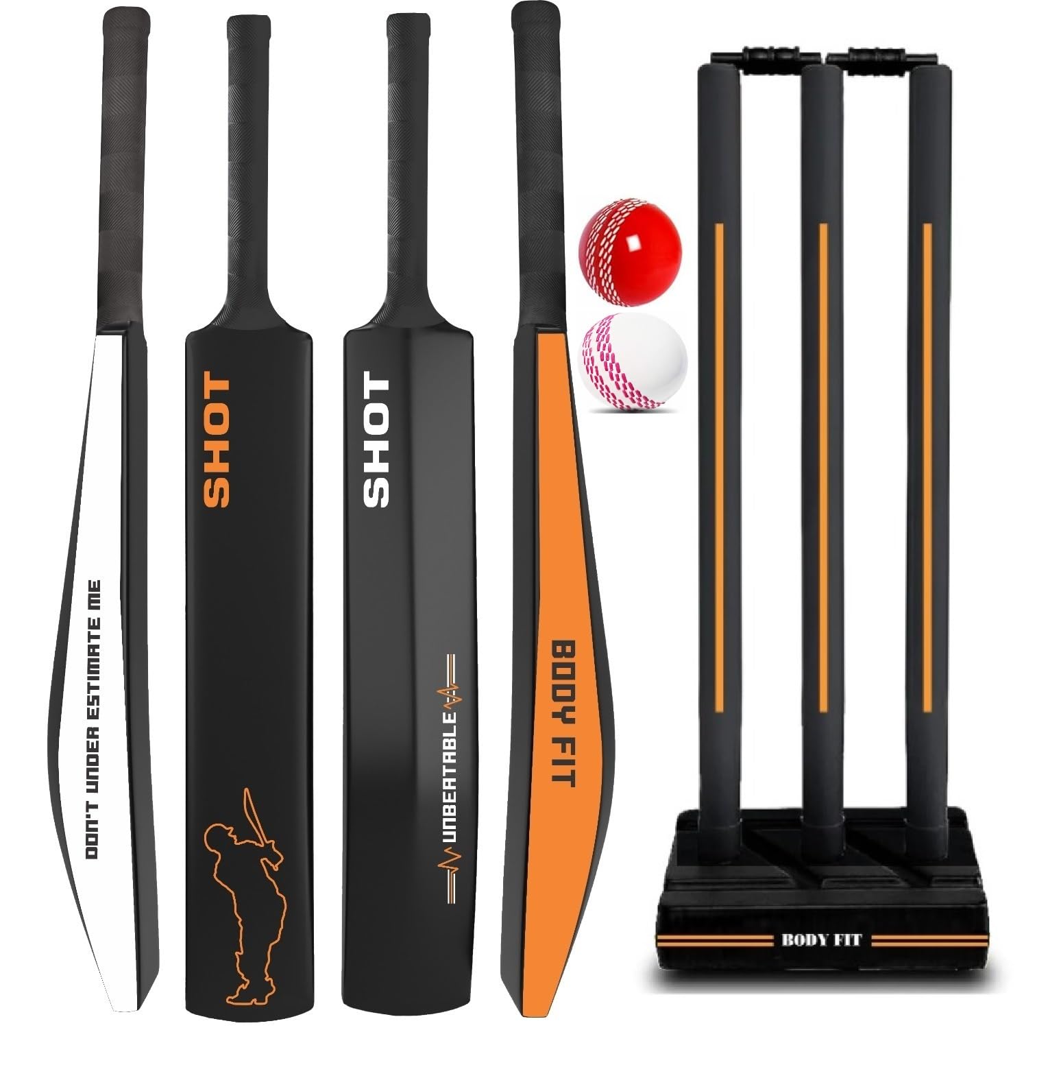 Bodyfit Heavy Duty Plastic Premium Cricket Kit Set | Lightweight| Full Size| | Hard Plastic Bat| Premium Cricket Wicket Set l 3 Stumps+2 Bails+1 Stand Set, 2 Balls, Ultimate Style,Shot F-Orang. | Complete Cricket Set, Plastic Stumps Included, 2 Balls-picture-28