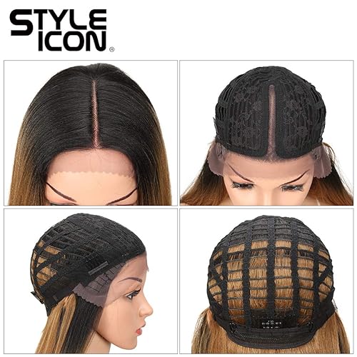 Miniatura 7 de Style Icon Pelucas de encaje frontal ombré, pelucas largas y rectas sintéticas con cabello de bebé, media mano, atadas a mano, negro, rubio