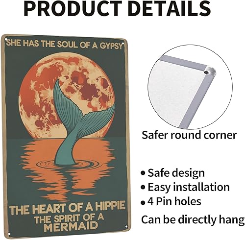 Miniatura 4 de Placa de metal de sirena gitana de 8 x 12 pulgadas, decoración de pared bohemia para casa de playa con arte abstracto del océano para dormitorio,