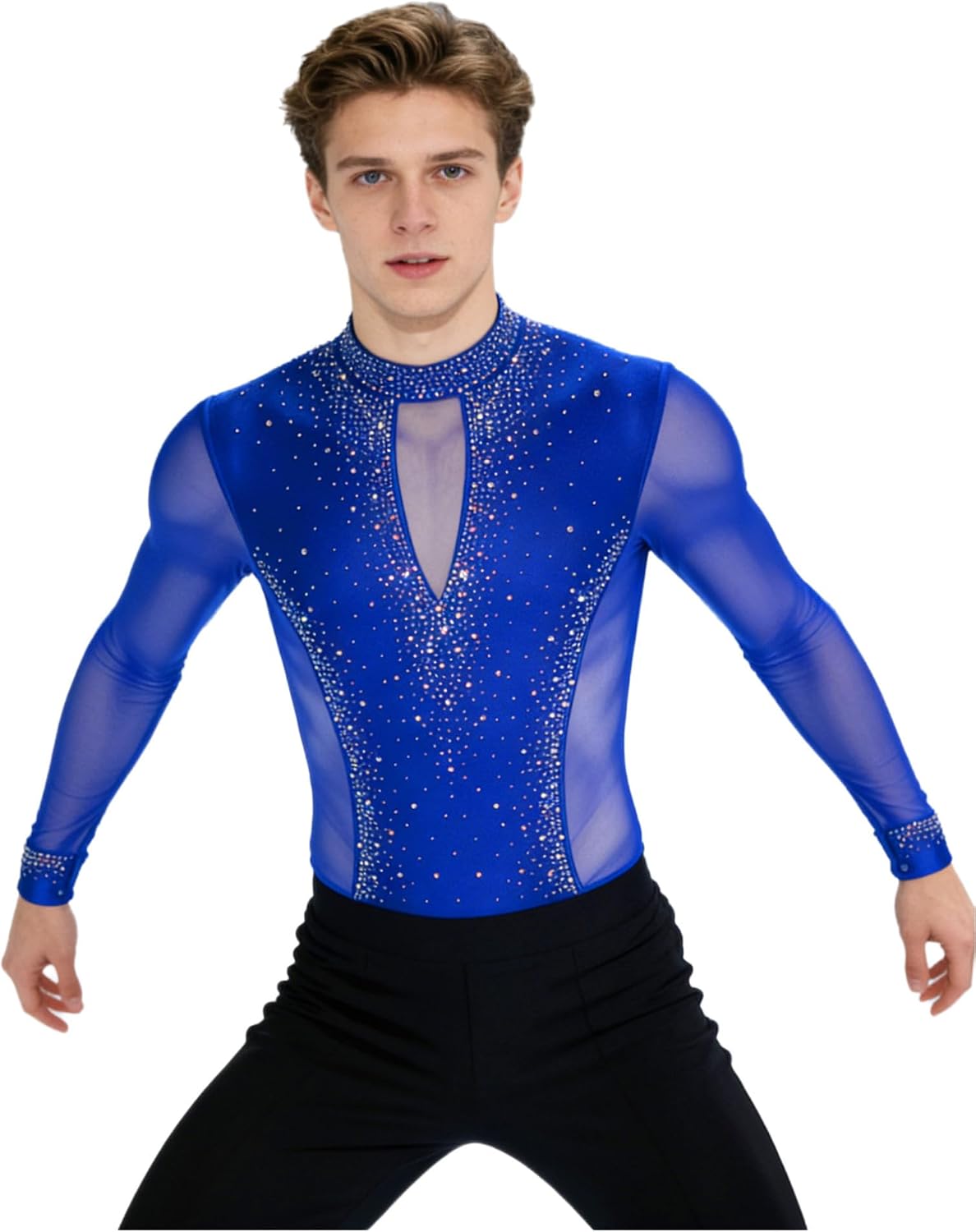 TiaoBug Men Latin Samba Rumba Dance Leotard Sheer Mesh Long Sleeve Bodysuit Shirt